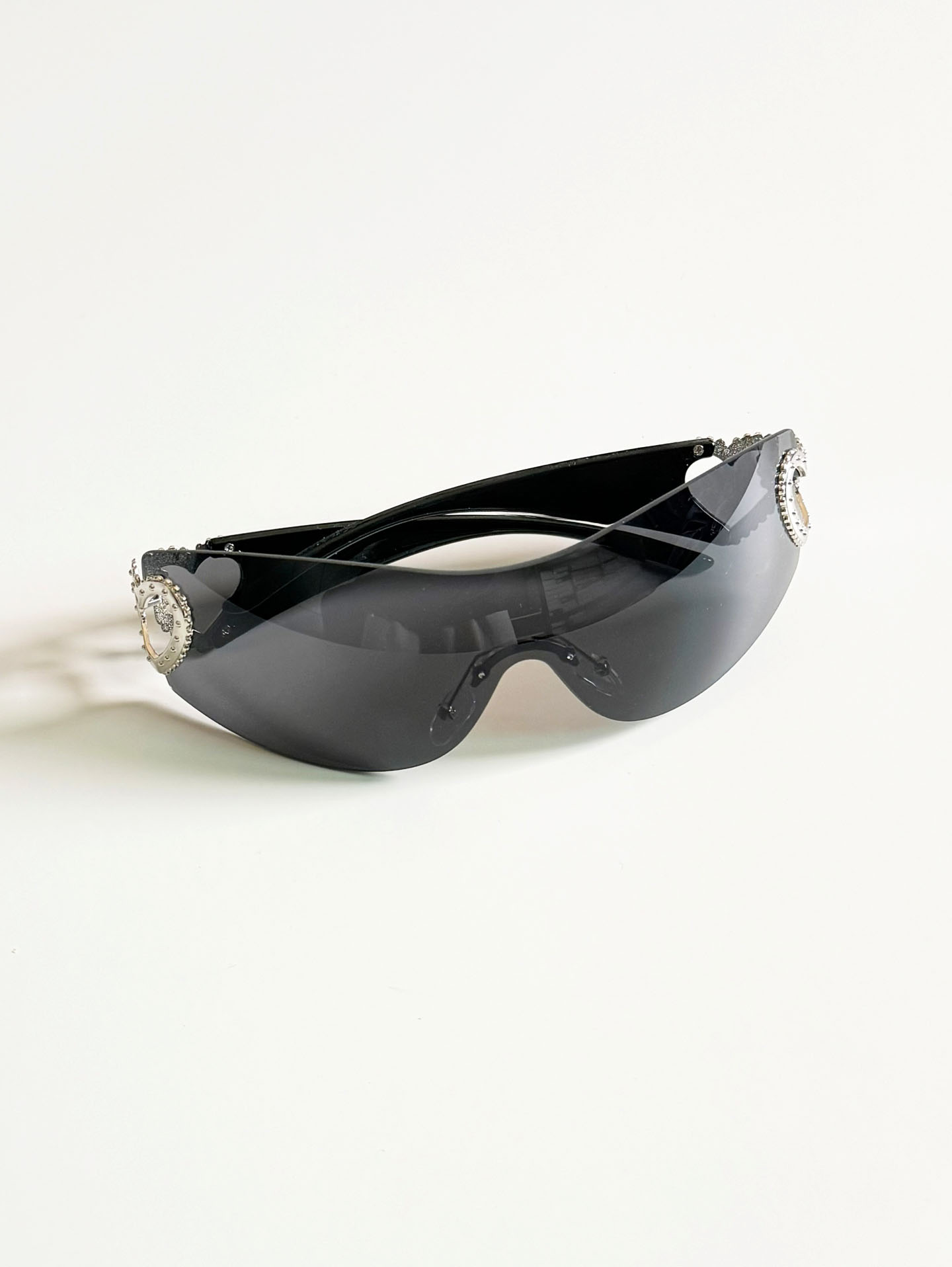 Black Goggle Shield Rimless Wraparound Sunglasses