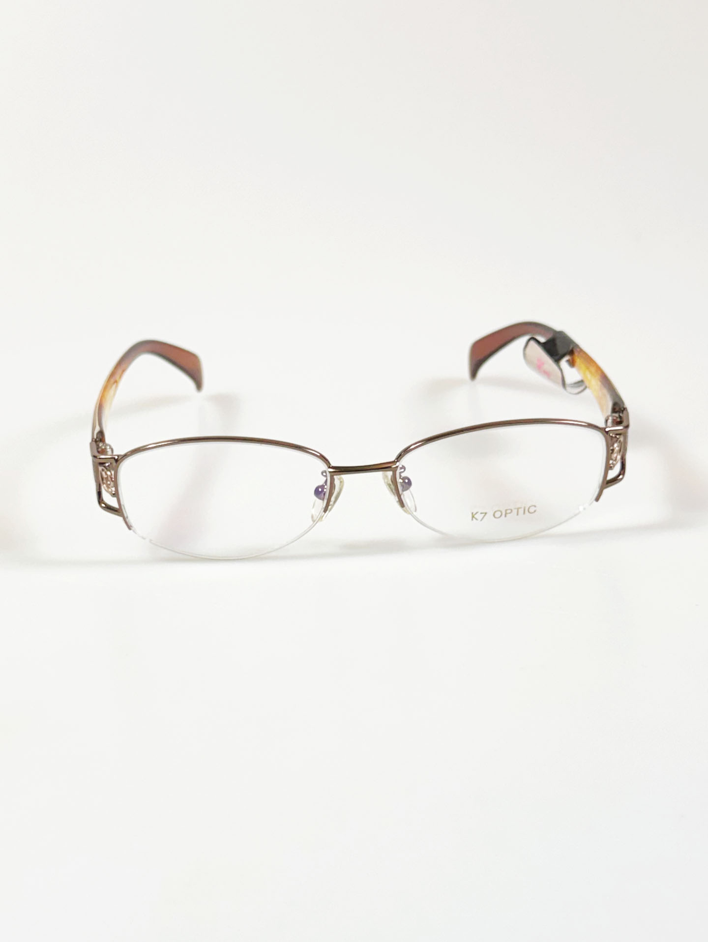 K7 OPTIC Brown Semi-Rimless Oval Metal Frame Glasses