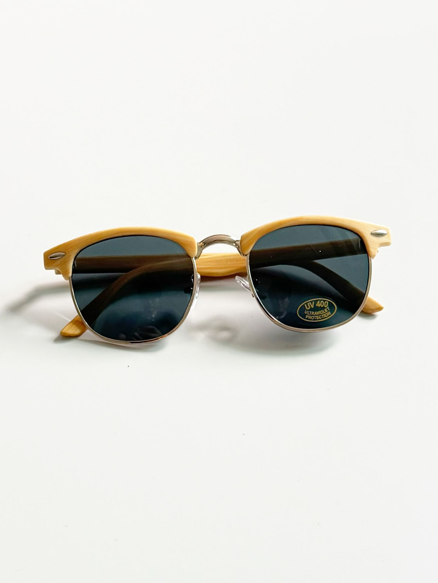 Oak Woodgrain Clubmaster Metal Sunglasses