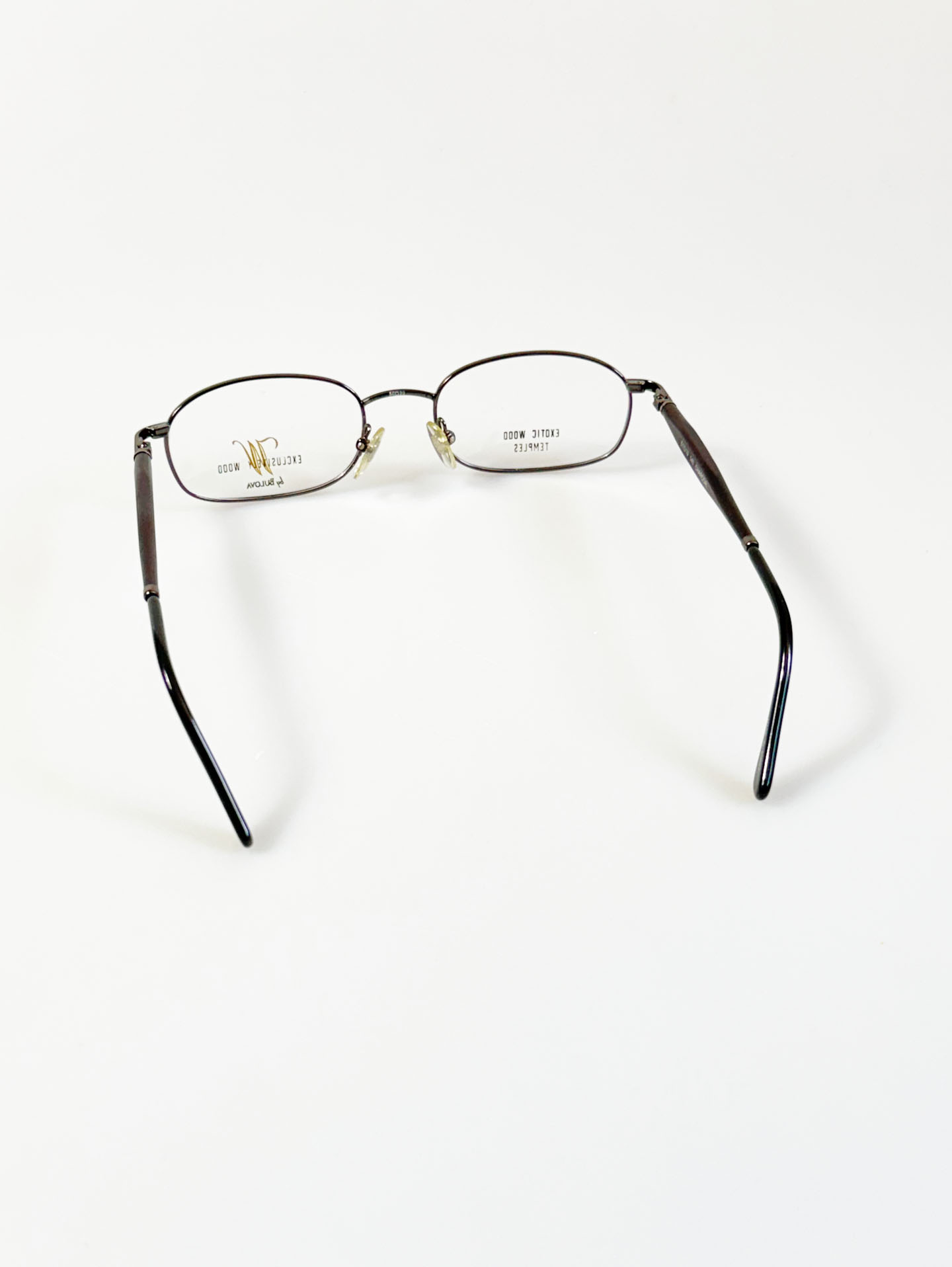 90's BULOVA Charcoal Metal Square Exotic Wood Temples Glasses