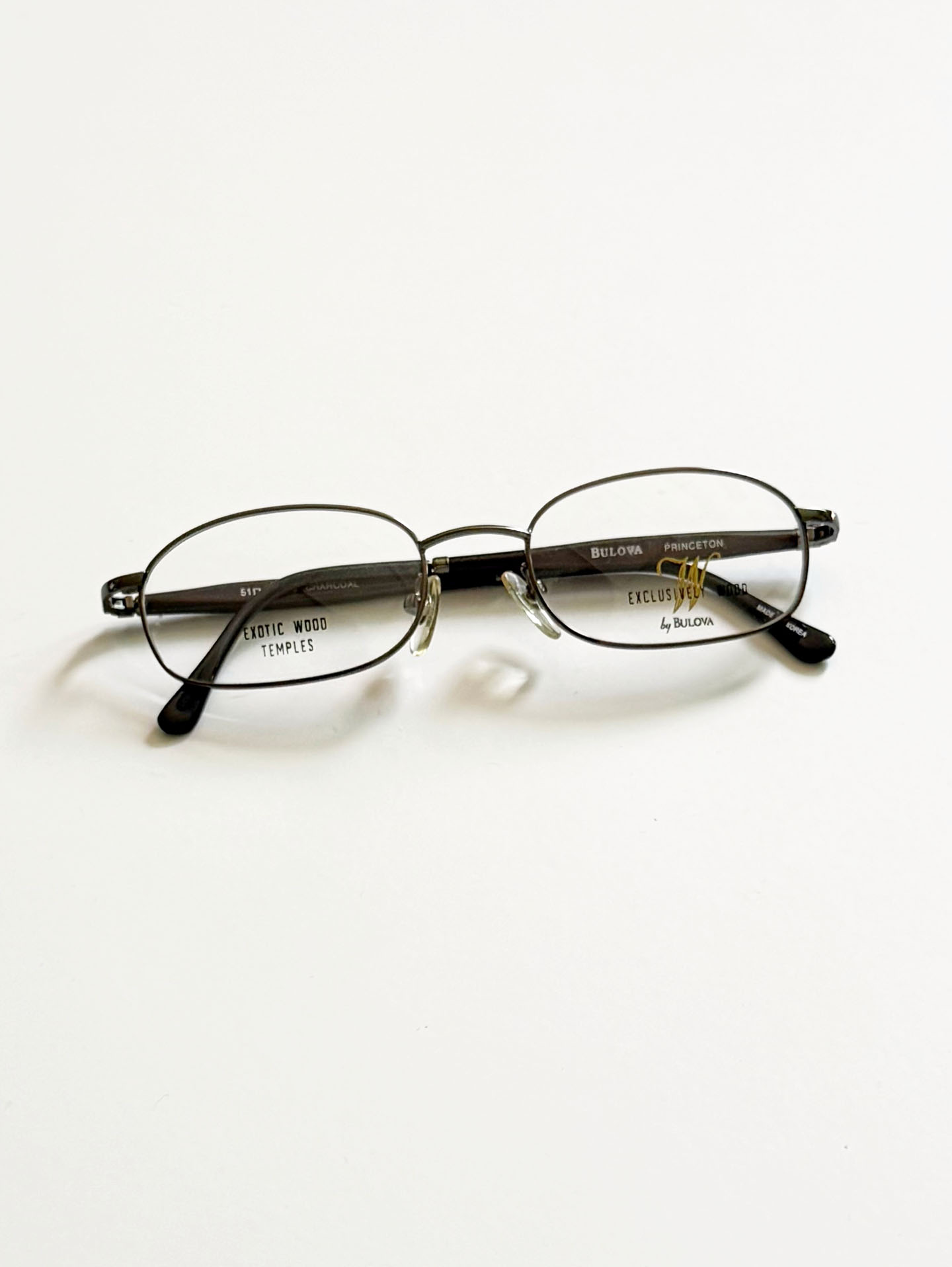 90's BULOVA Charcoal Metal Square Exotic Wood Temples Glasses