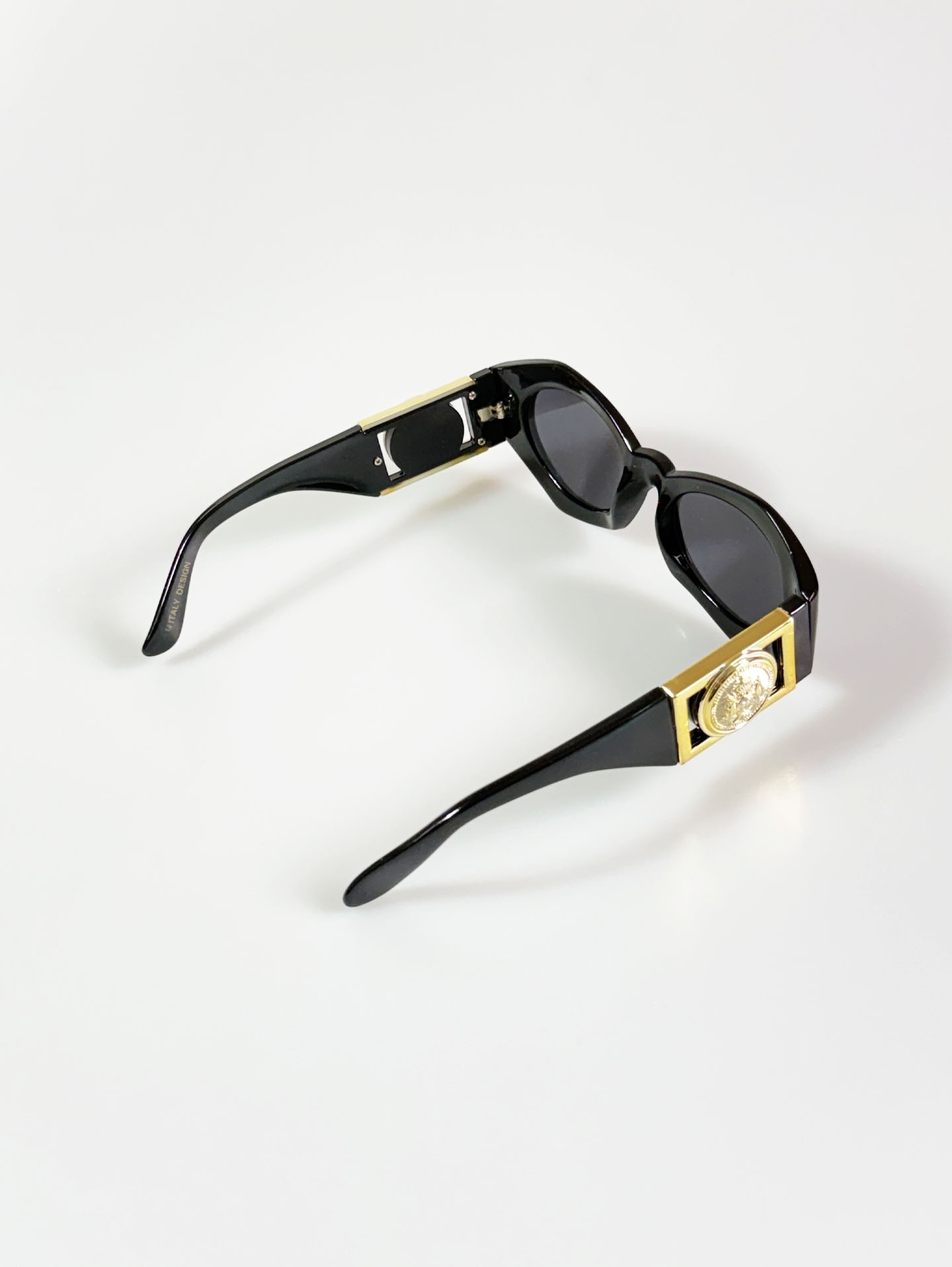 Black Oval Gold Medallion Detail Wrap Sunglasses