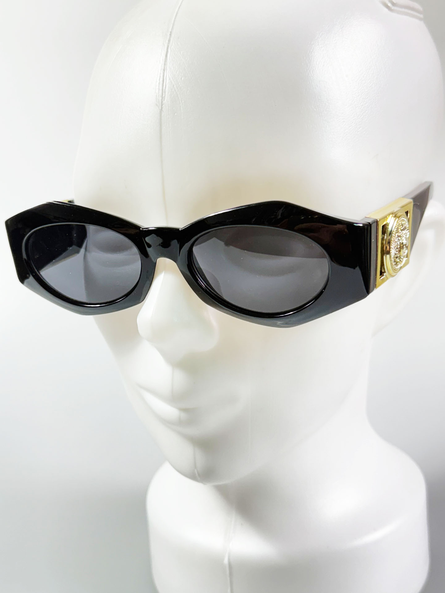 Black Oval Gold Medallion Detail Wrap Sunglasses