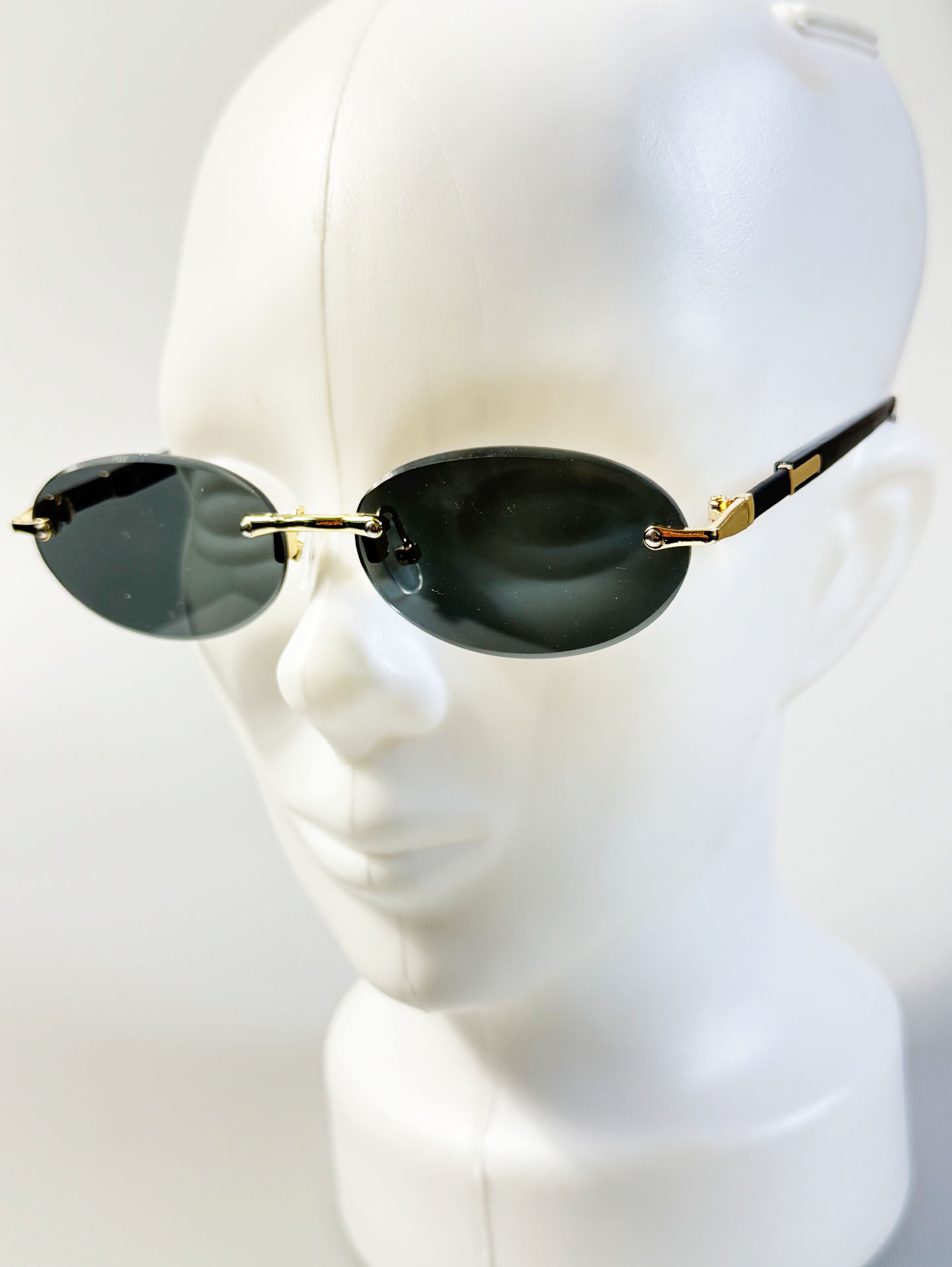 Rimless Oval Gold Metal Frame Smoke Gray Lens Sunglasses