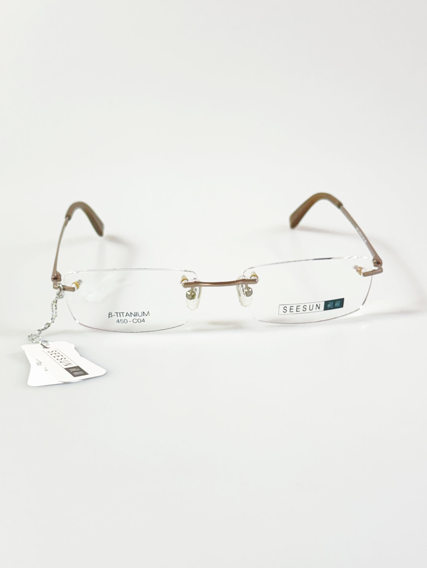 SEESUN Brown Titanium Square Rimless Frame Glasses