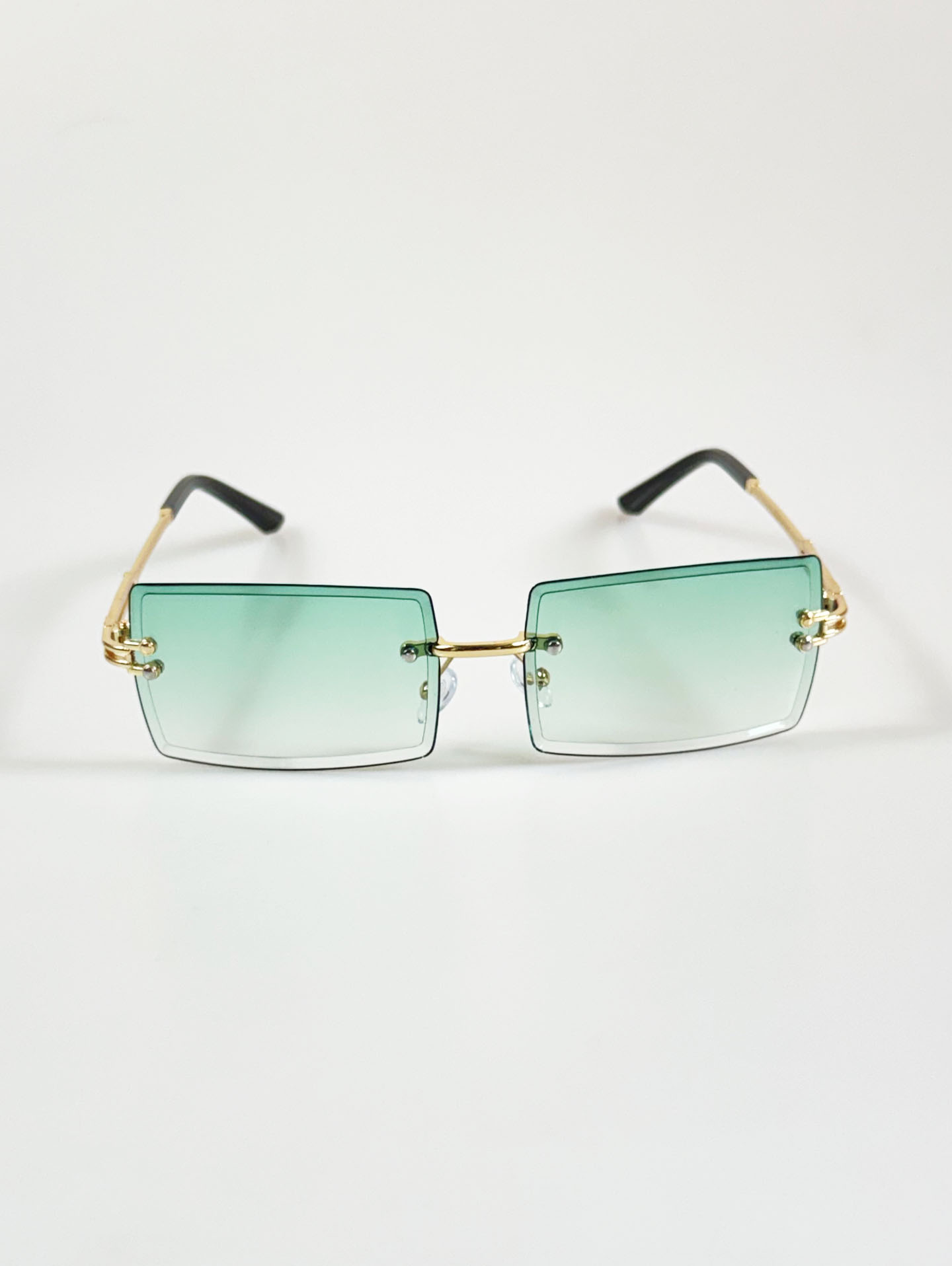 Green Gradient Gold Metal Rimless Square Tint Sunglasses