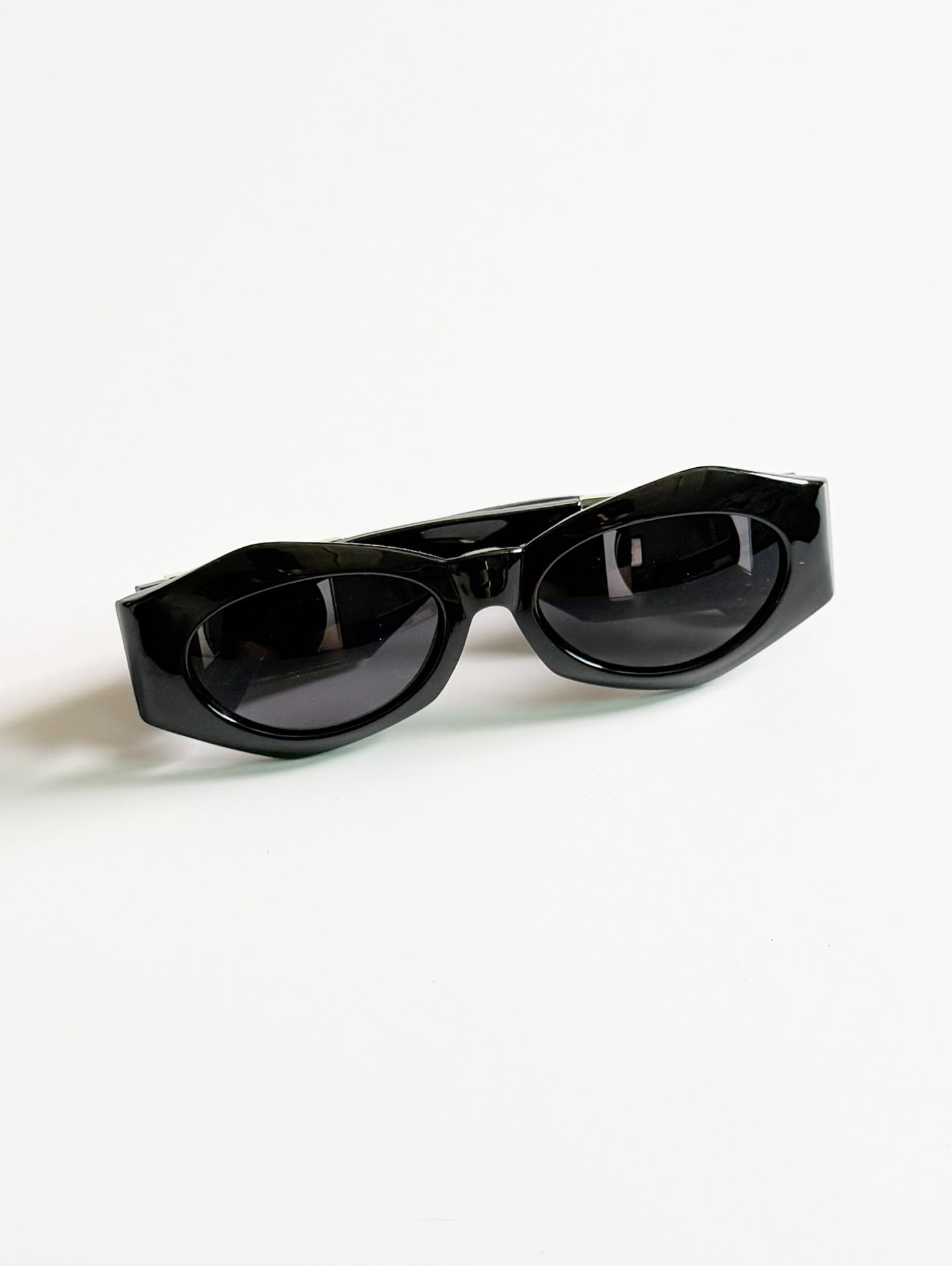 Black Oval Gold Medallion Detail Wrap Sunglasses