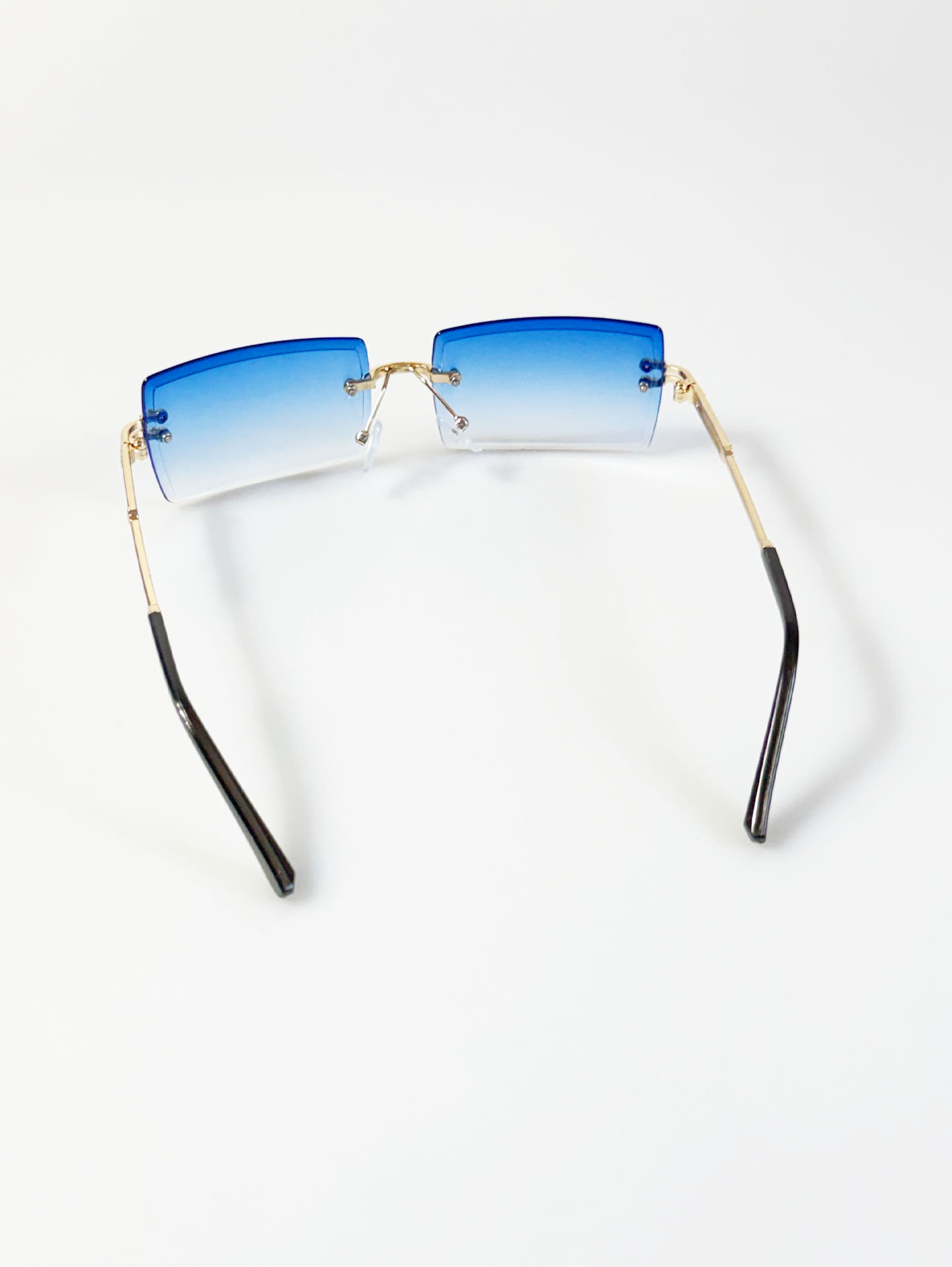 Rimless Square Gold Metal Frame Gradient Blue Tint Sunglasses