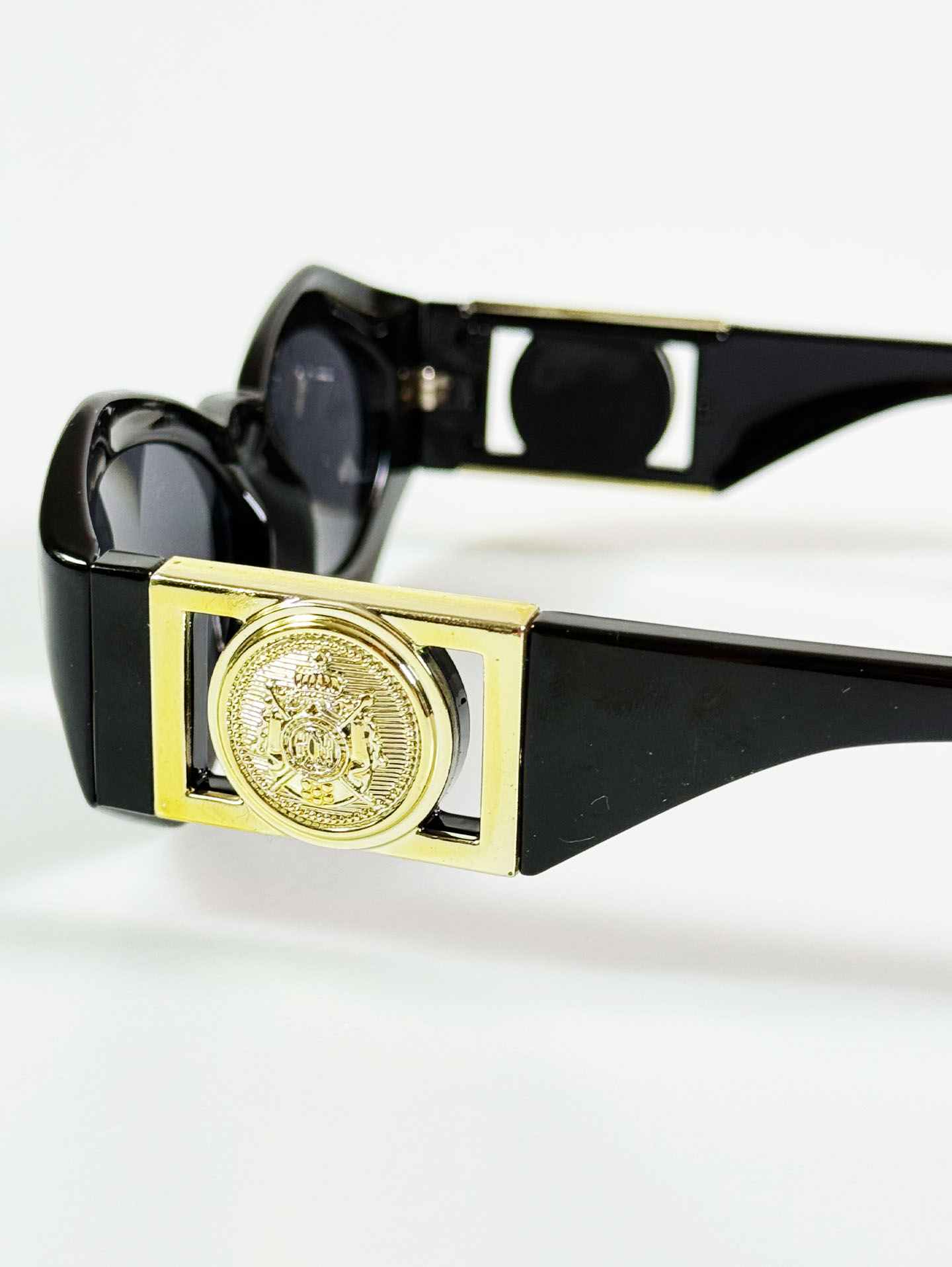Black Oval Gold Medallion Detail Wrap Sunglasses