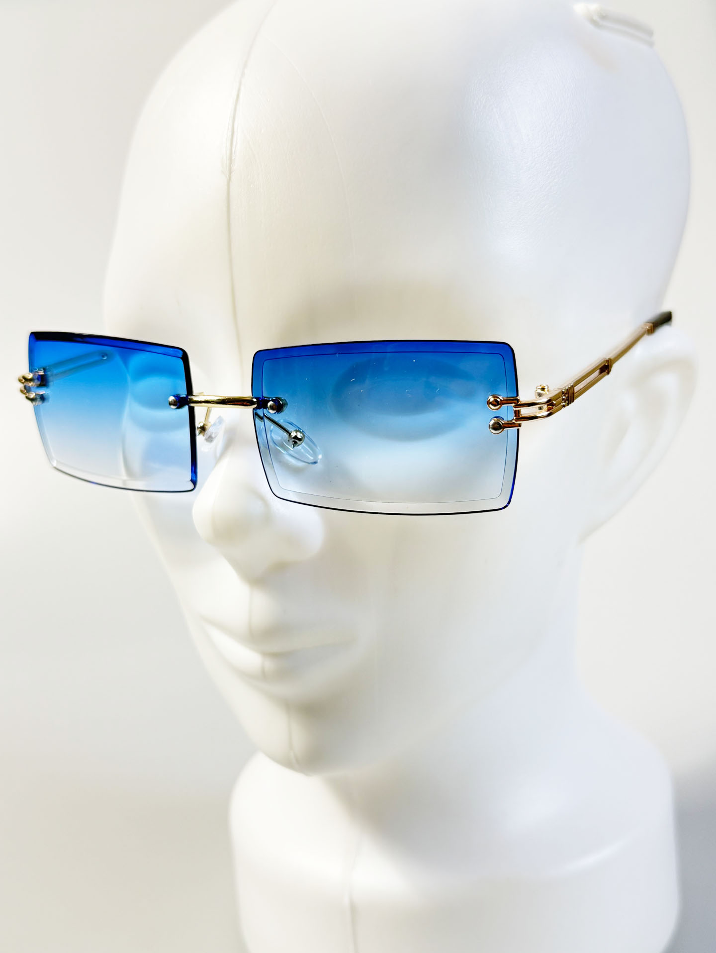 Rimless Square Gold Metal Frame Gradient Blue Tint Sunglasses