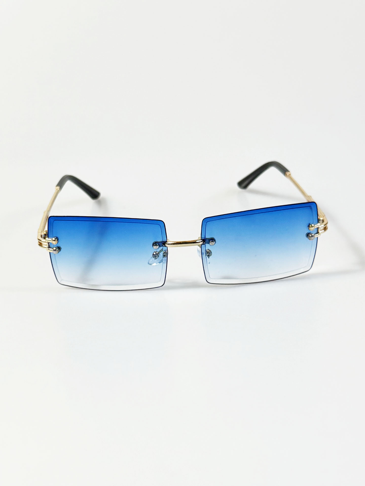 Rimless Square Gold Metal Frame Gradient Blue Tint Sunglasses