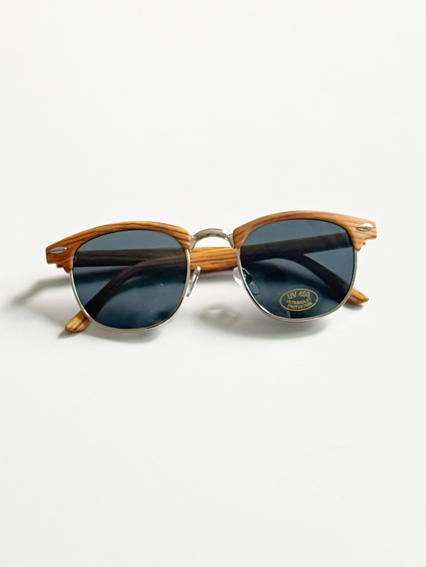 Woodgrain Clubmaster Half-Rim Sunglasses