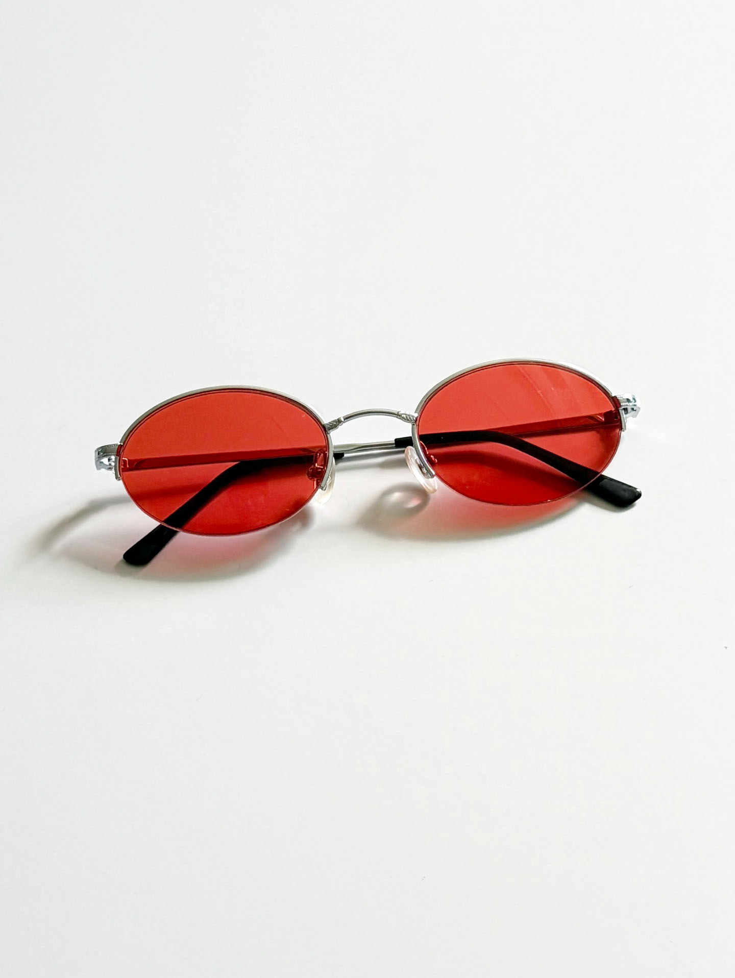 90's Silver Metal Semi-Rimless Oval Red Tinted Glasses