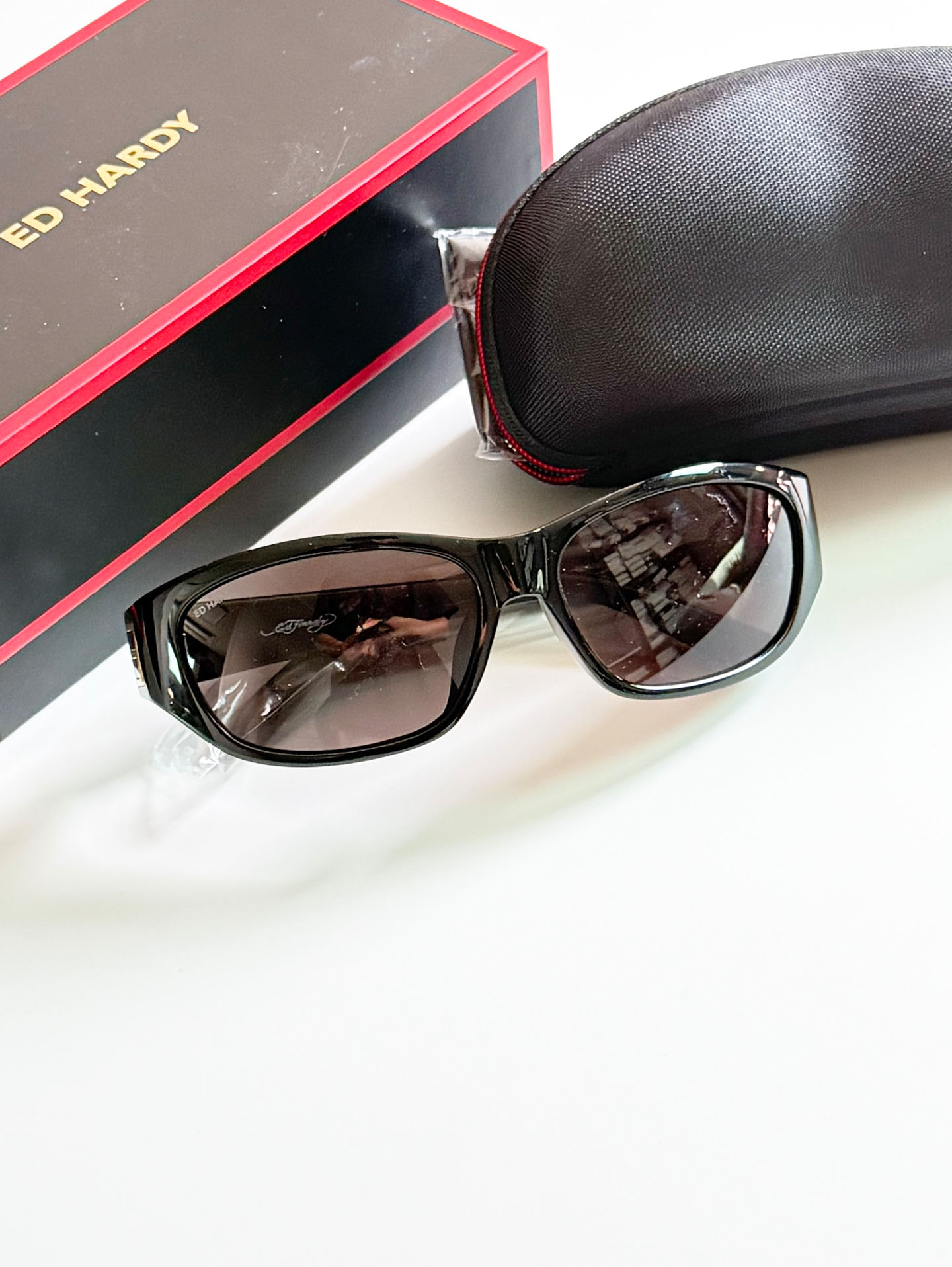 90's SANTANA Silver Rimless Oval Metal Orange Tint Sunglasses ED HARDY Black Wraparound Square Sungl