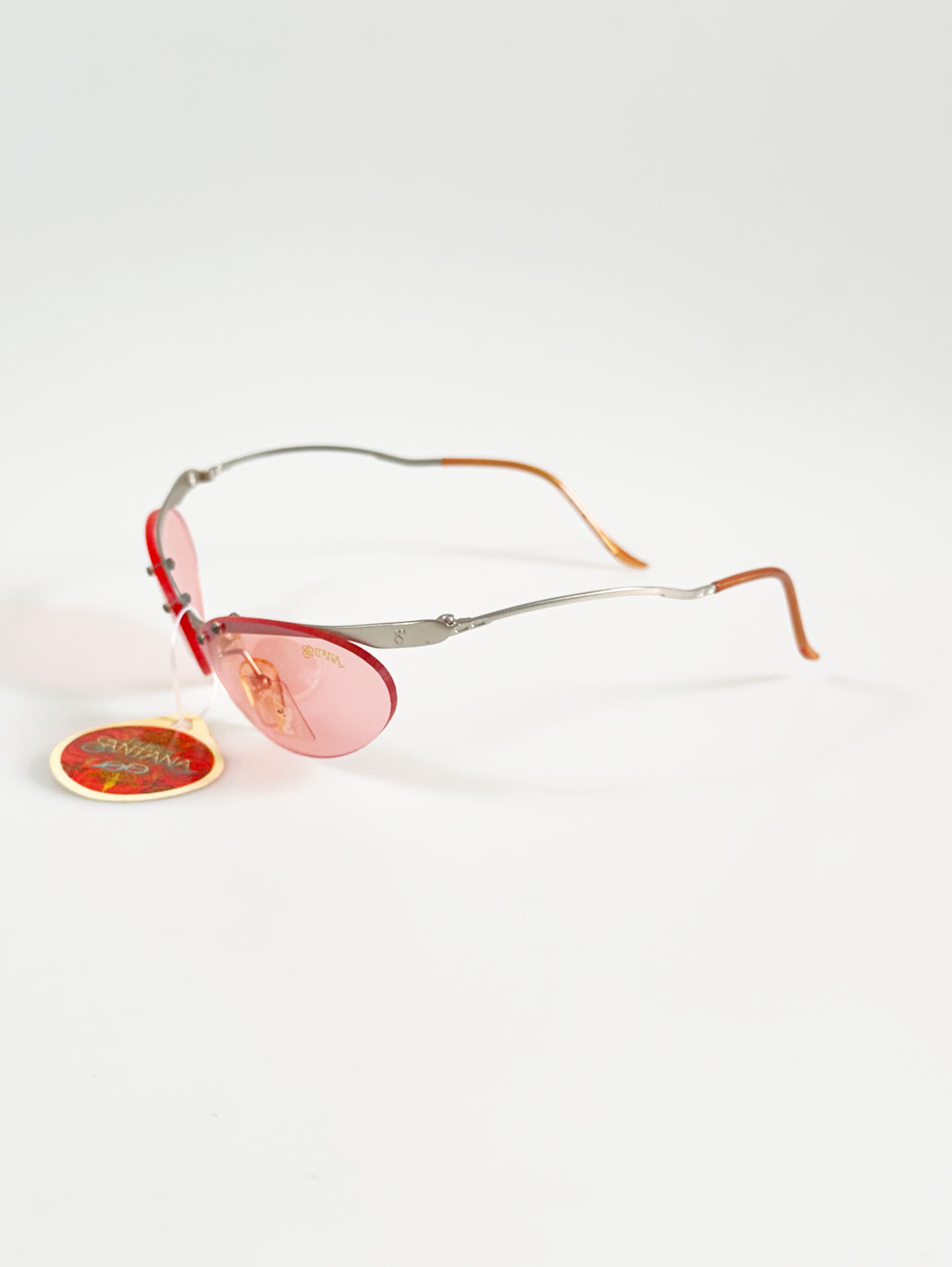 90's SANTANA Silver Rimless Oval Metal Pink Tint Sunglasses
