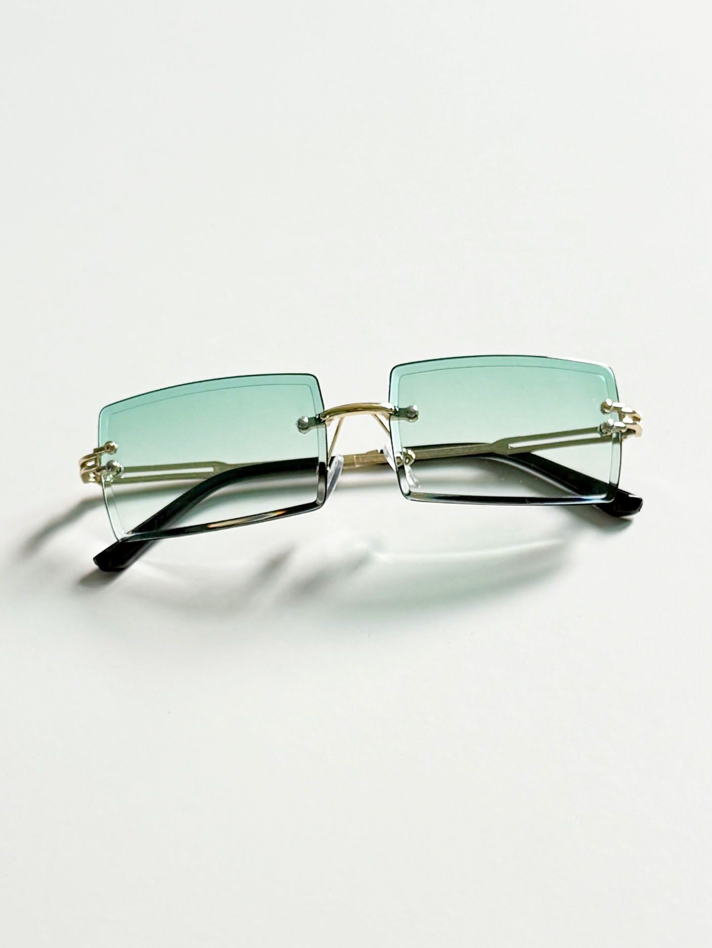 Green Gradient Gold Metal Rimless Square Tint Sunglasses