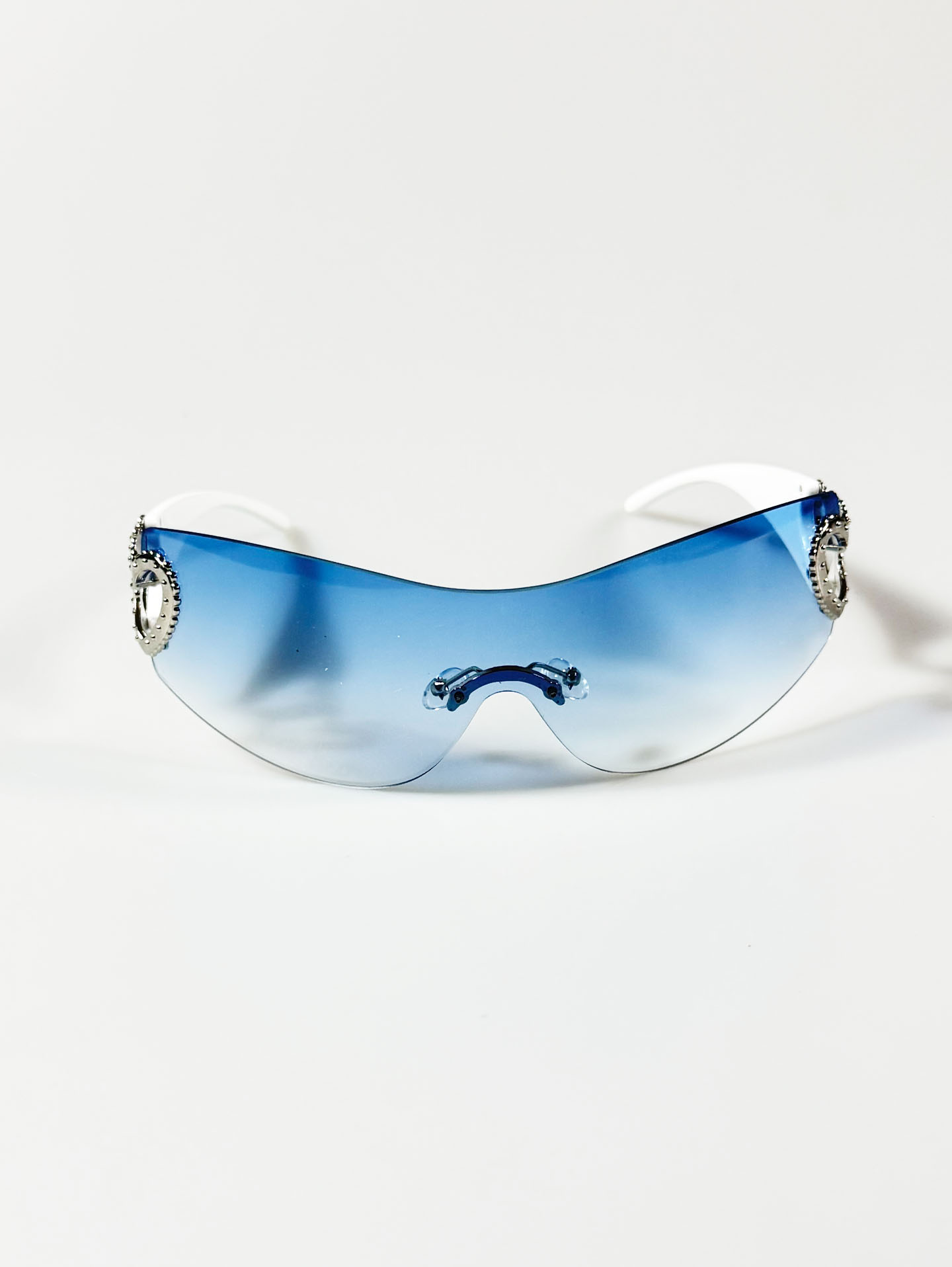 Blue Goggle Shield Rimless Wraparound Sunglasses