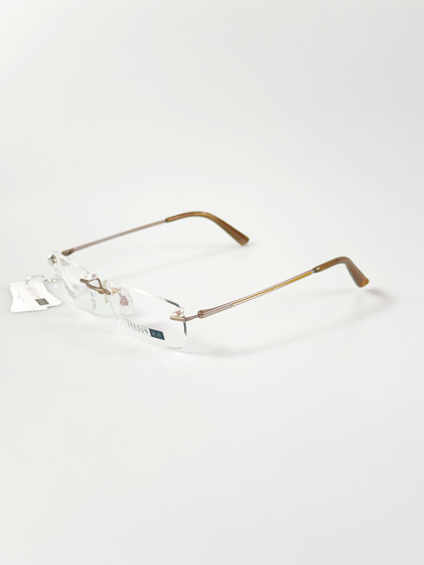 SEESUN Brown Titanium Square Rimless Frame Glasses