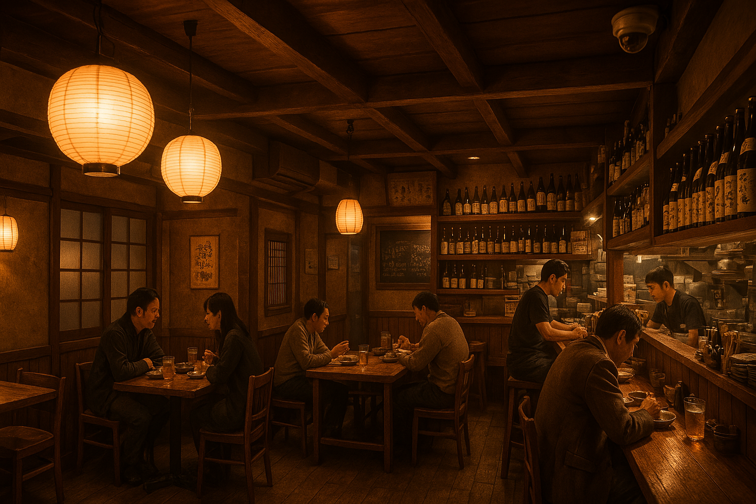 조용한 저녁 시간의 수유역 이자카야 내부, 전통 일본식 인테리어와 천장에 설치된 돔형 CCTV, 손님들이 식사 중인 따뜻한 분위기