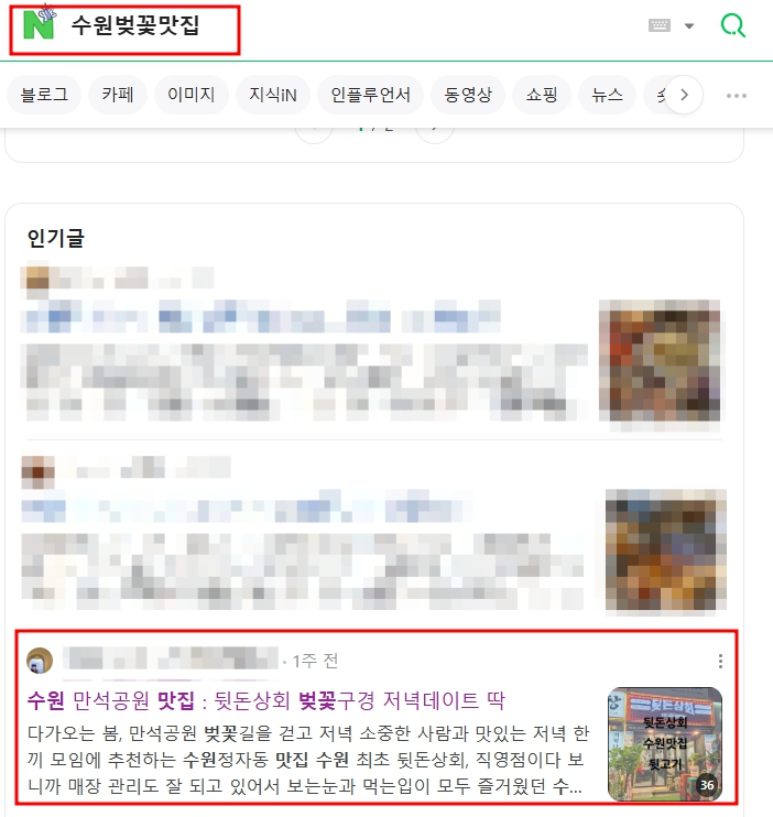 네이버에서 ‘수원벚꽃맛집’ 검색 시 상위 노출된 블로그 인기글 화면, 수원 만석공원 벚꽃 구경과 맛집 추천 내용 포함