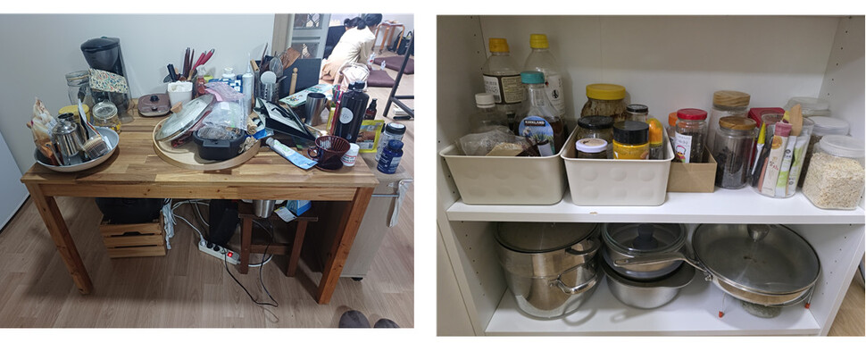 김민영씨 주방을 정리하기 전(왼쪽)과 후의 모습. 울림두레돌봄사회적협동조합 제공