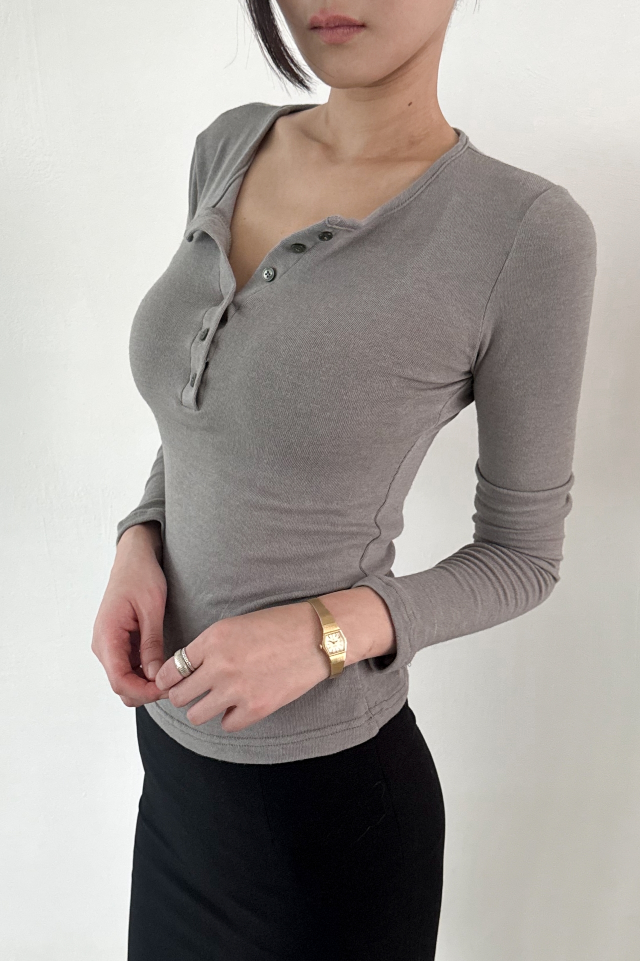 Slim Henley Tee_Khaki Gray