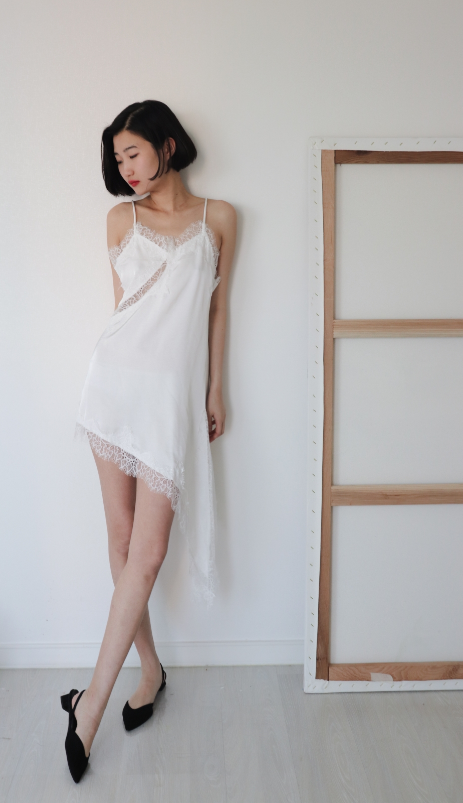 Asymmetric Lace Satin Slip Dress_White
