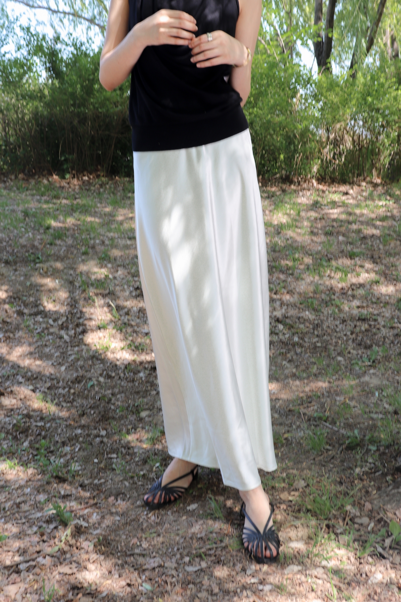 Fluid Satin Maxi Skirt_Ivory