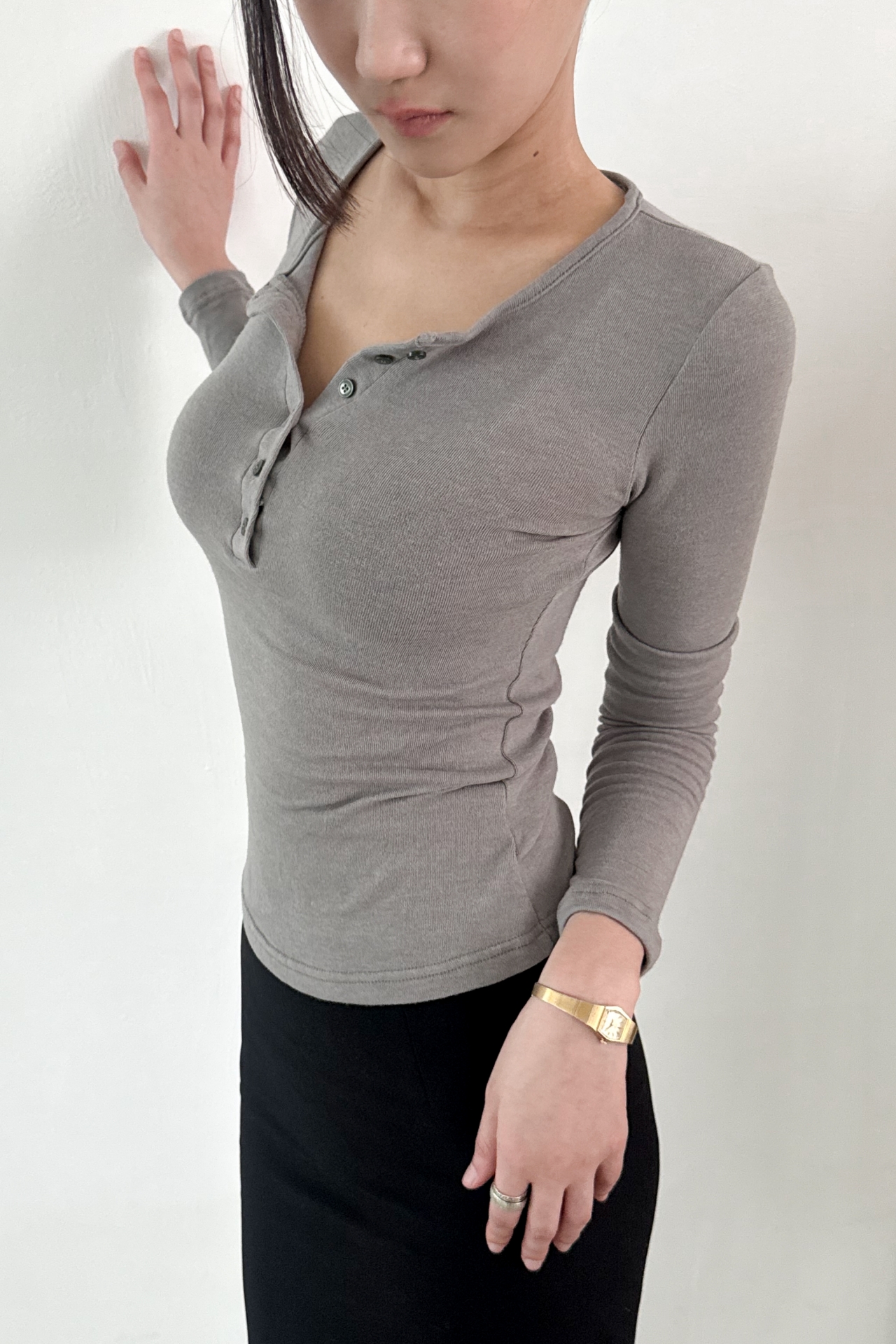 Slim Henley Tee_Khaki Gray