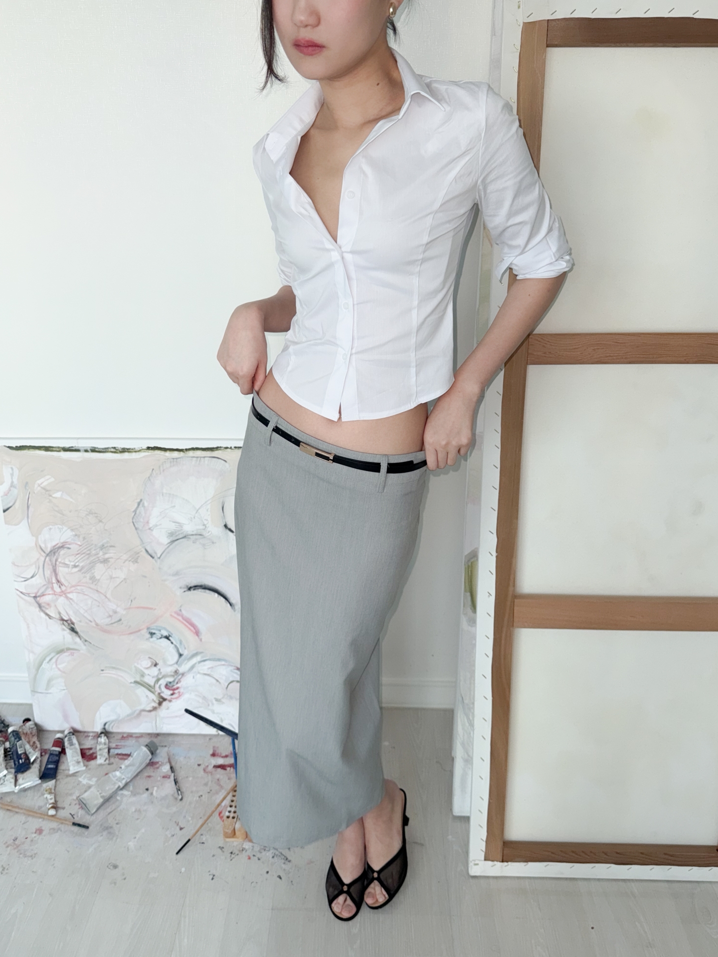 Low-Rise Tailored Maxi Skirt_Gray