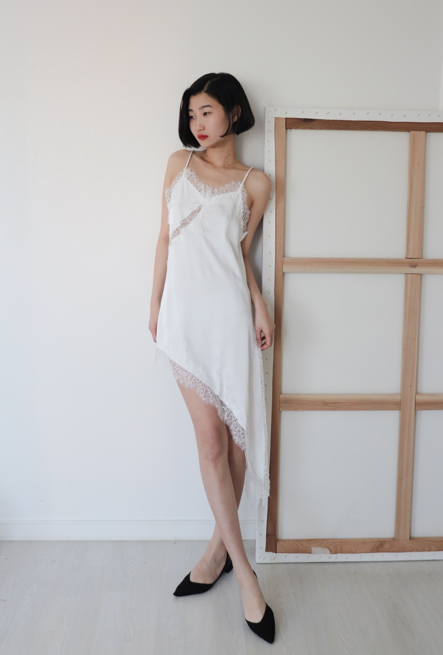 Asymmetric Lace Satin Slip Dress_White