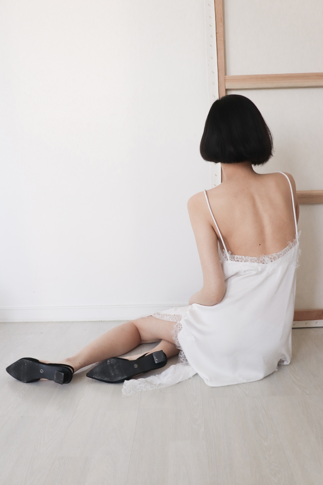 Asymmetric Lace Satin Slip Dress_White