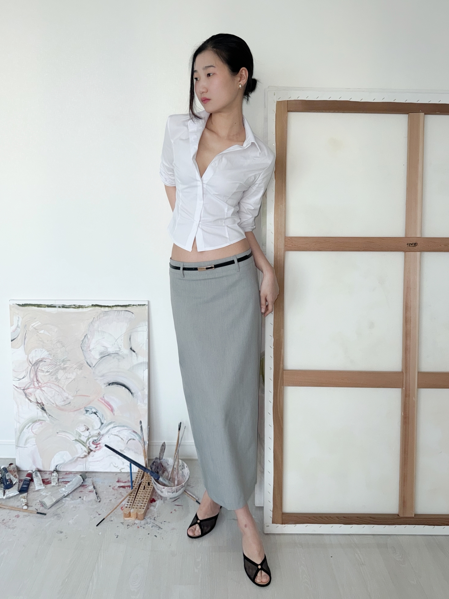 Low-Rise Tailored Maxi Skirt_Gray