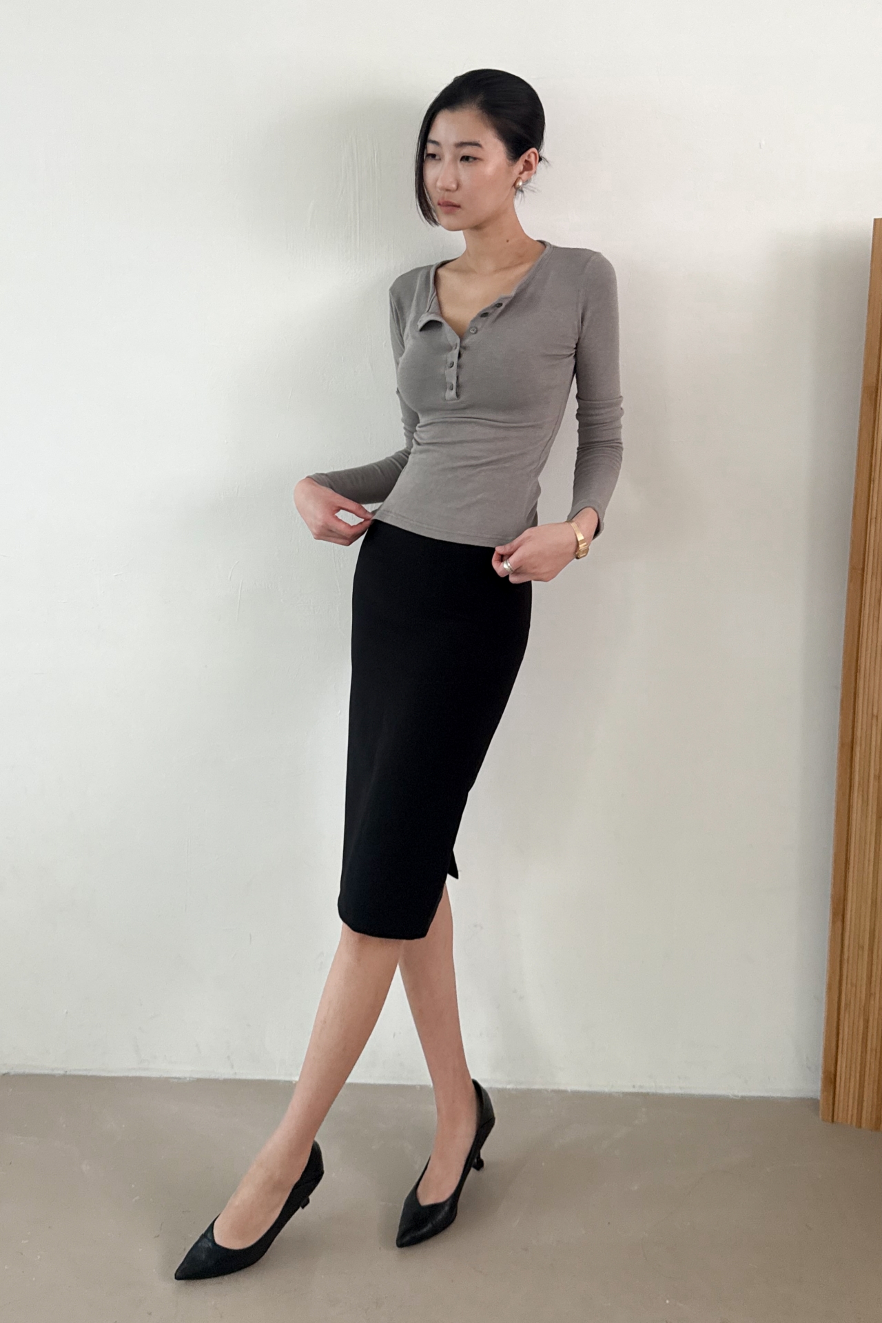 Slim Henley Tee_Khaki Gray