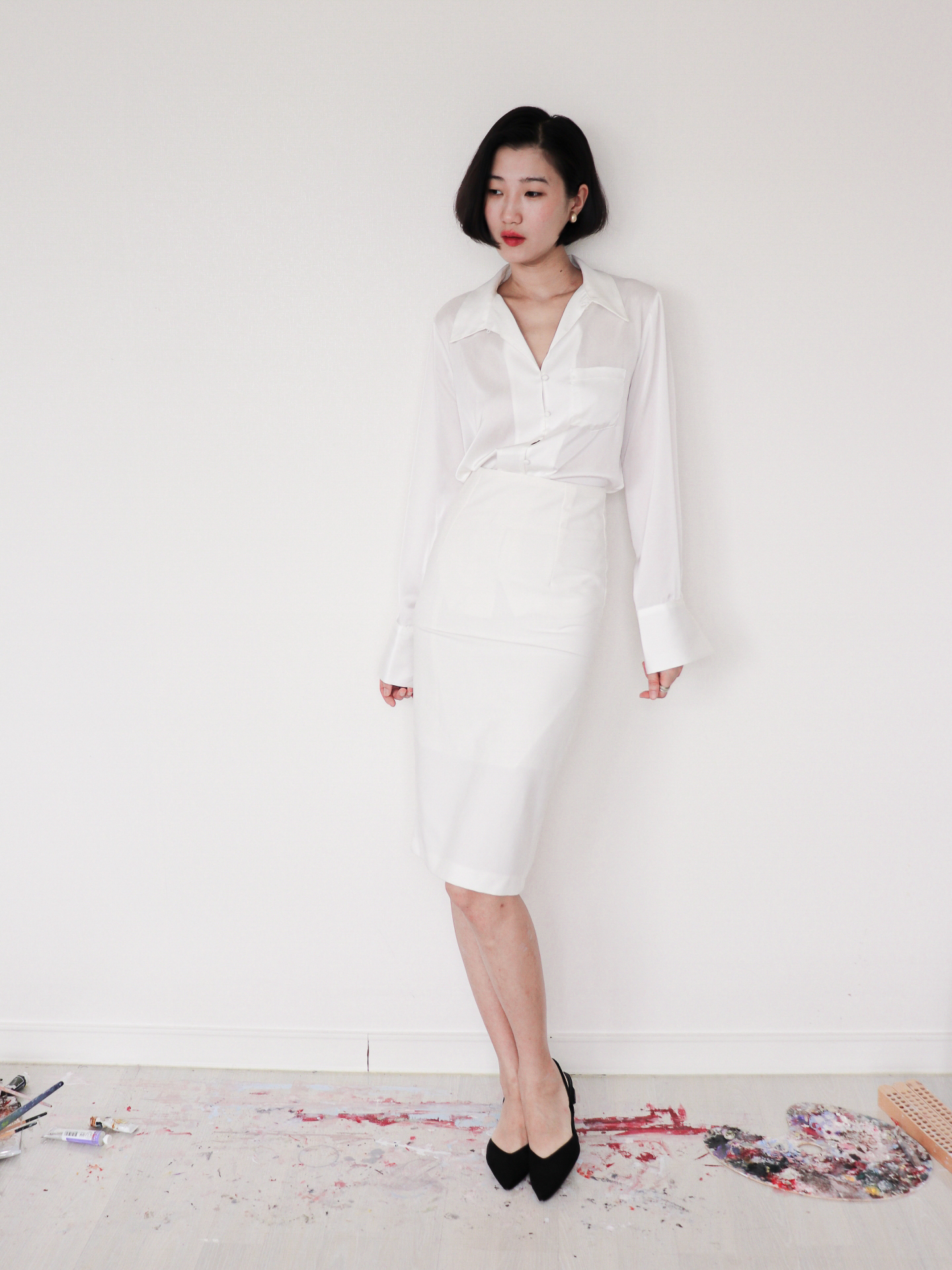 Silky Covered Button Blouse_Ivory