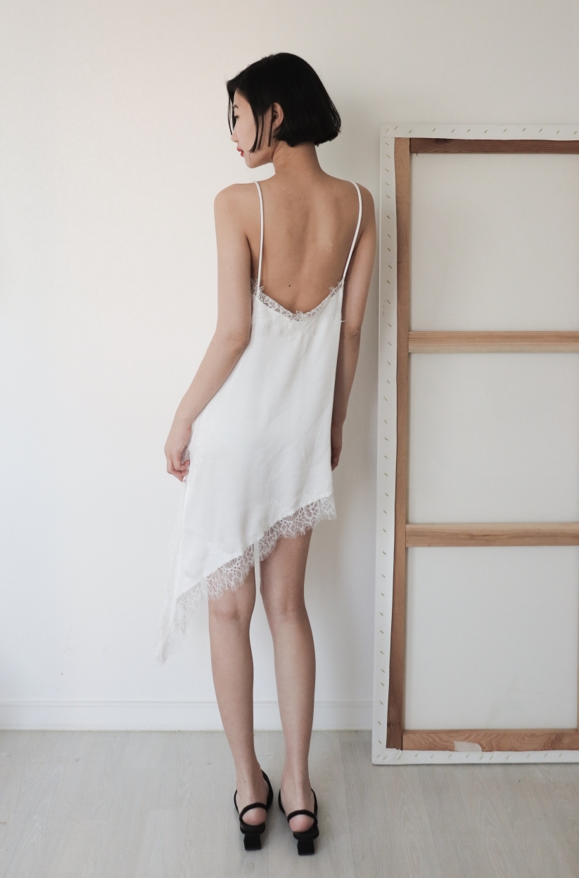 Asymmetric Lace Satin Slip Dress_White