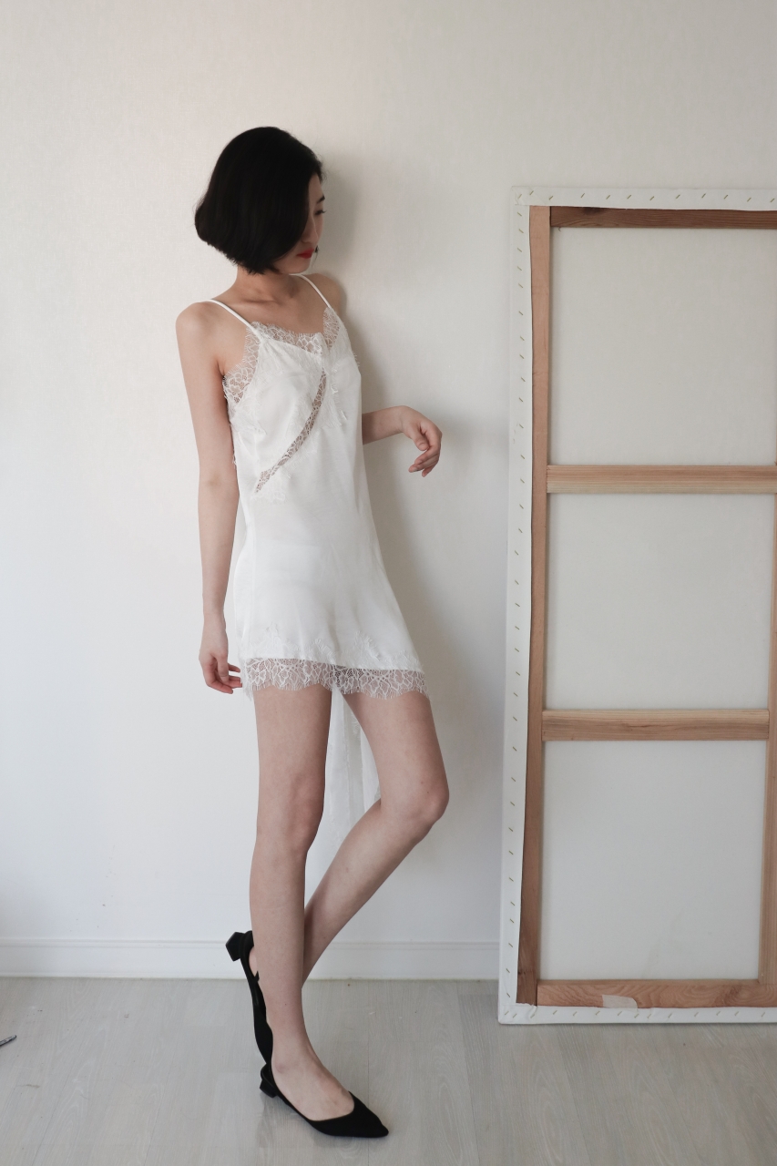 Asymmetric Lace Satin Slip Dress_White