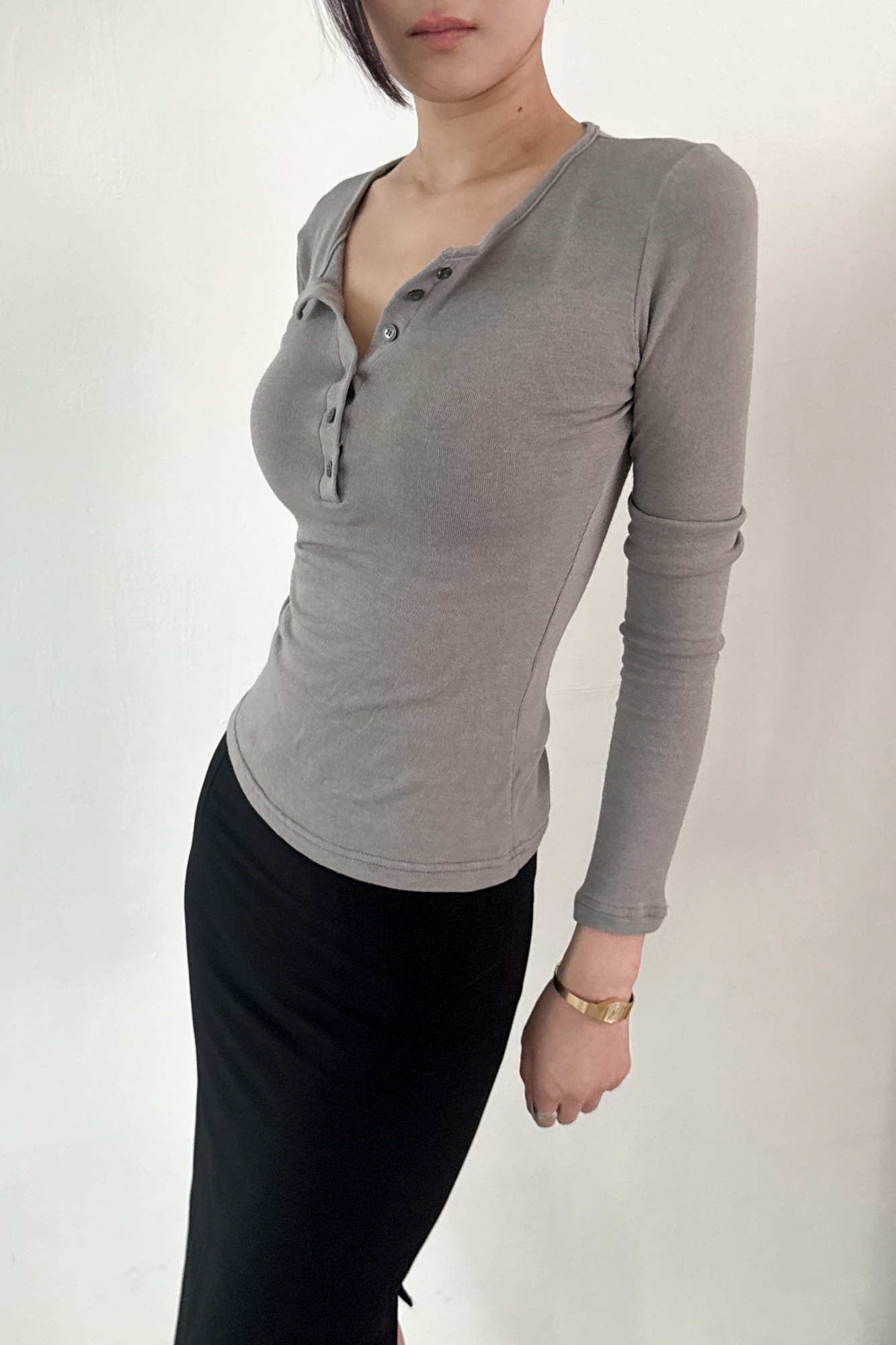 Slim Henley Tee_Khaki Gray
