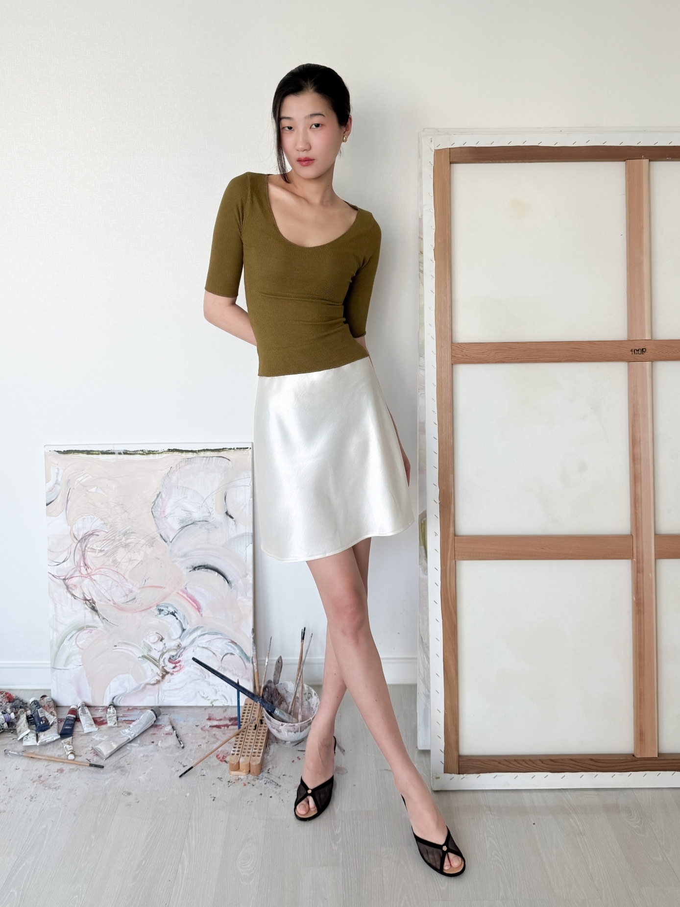 Lumière Satin Mini Skirt_Ivory