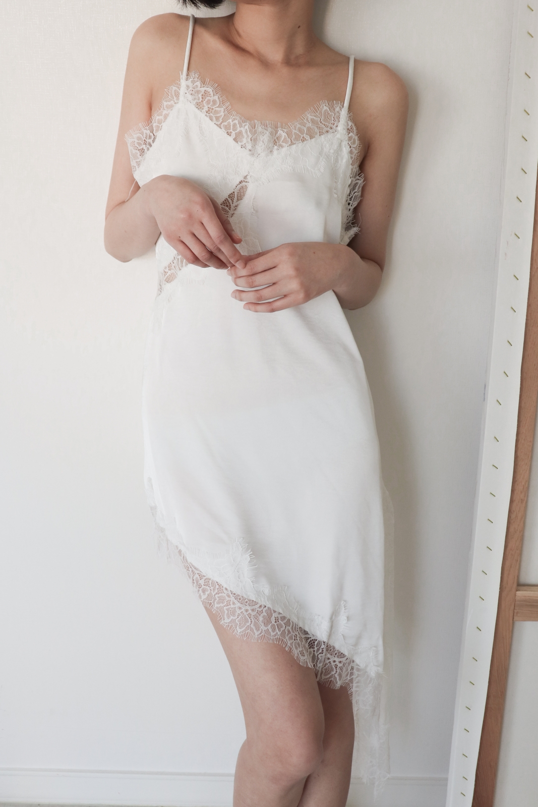Asymmetric Lace Satin Slip Dress_White