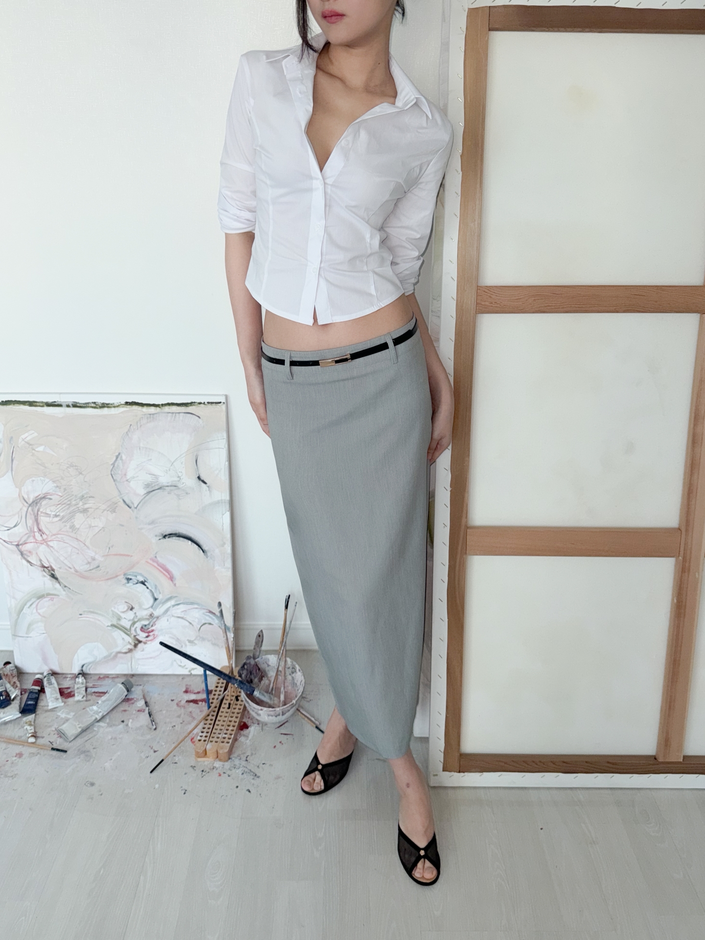 Low-Rise Tailored Maxi Skirt_Gray