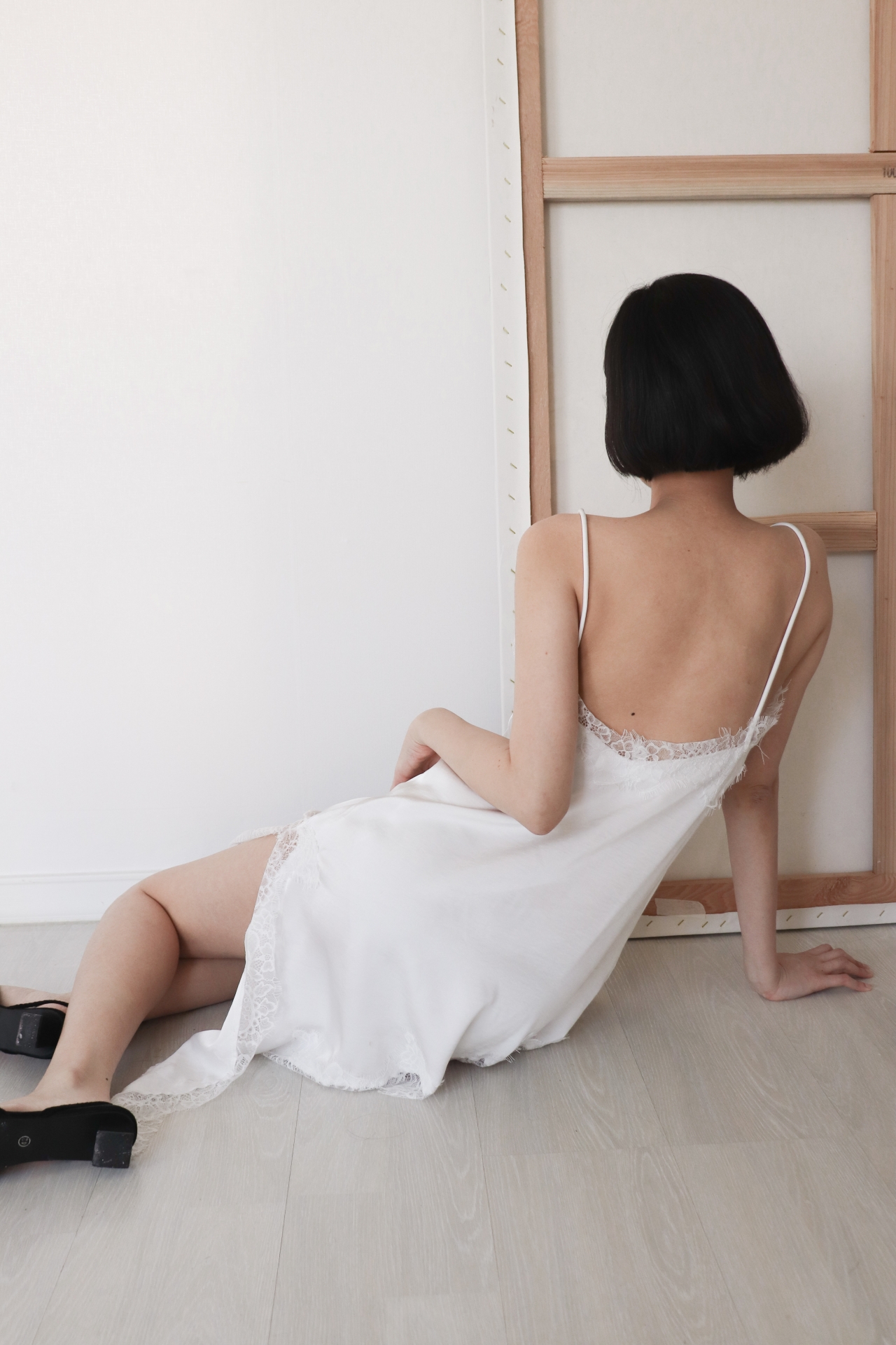 Asymmetric Lace Satin Slip Dress_White