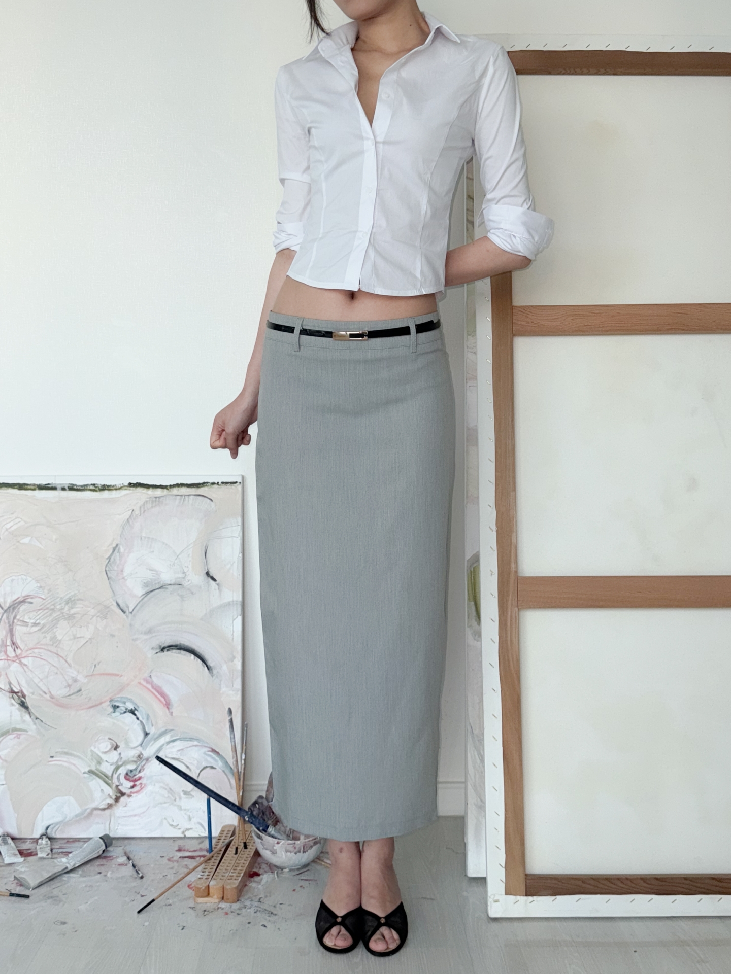 Low-Rise Tailored Maxi Skirt_Gray