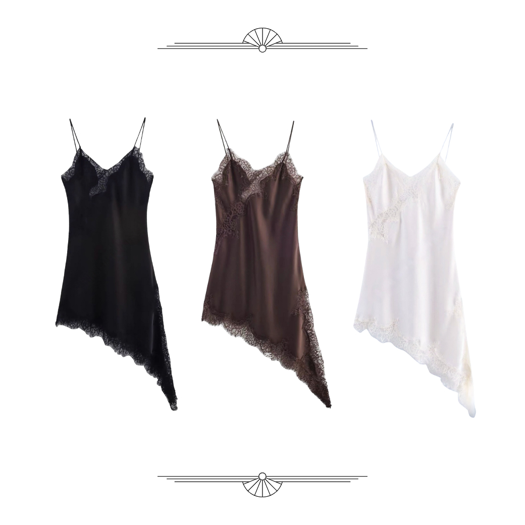 Asymmetric Lace Satin Slip Dress_Brown