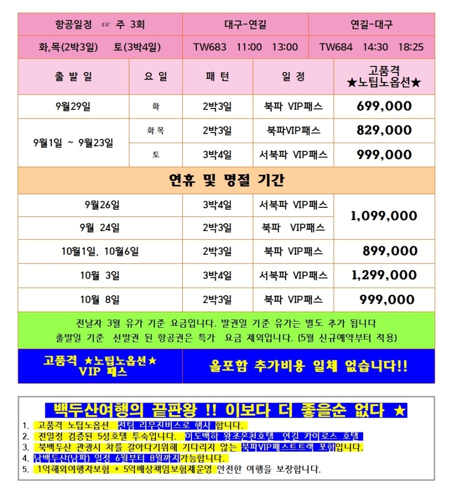 백두산 특가 남파 북파 서파 완전정복 노팁노옵션