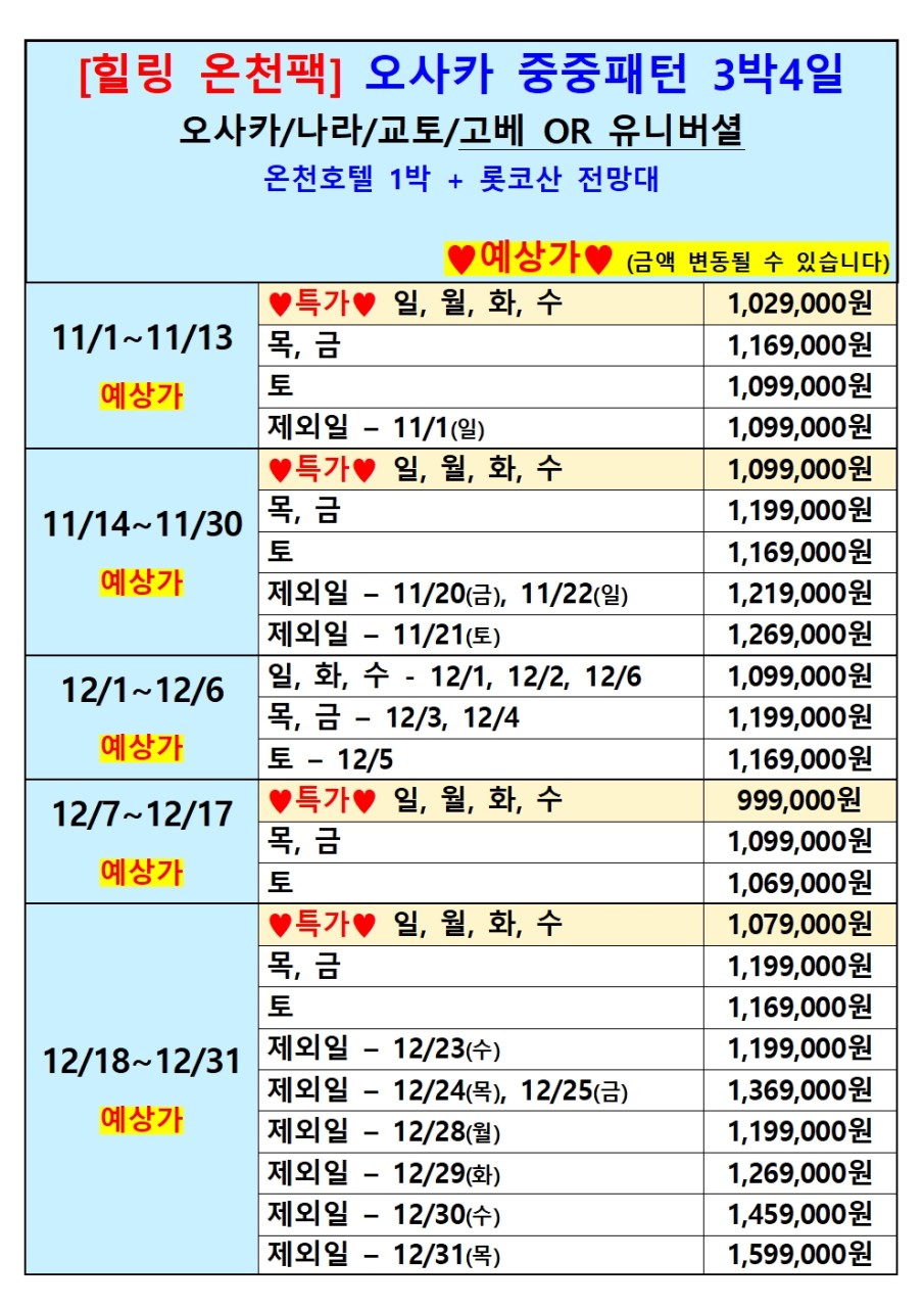 오사카 특가 중중패턴 나라 교토 고베or유니버셜스튜디오