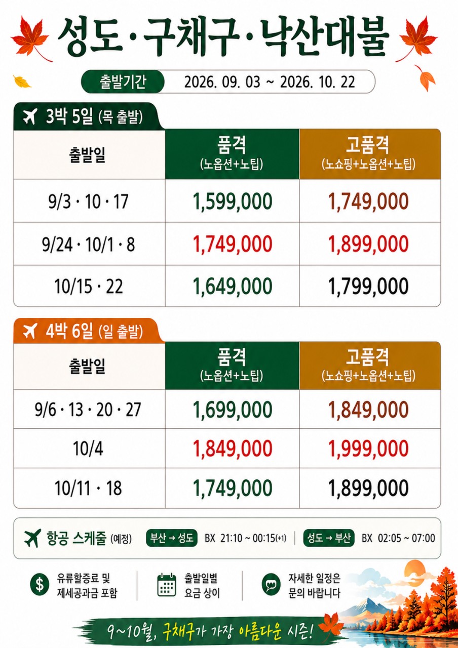 성도 구채구 낙산대불 가을절경 에메랄드호수 품격vs고품격