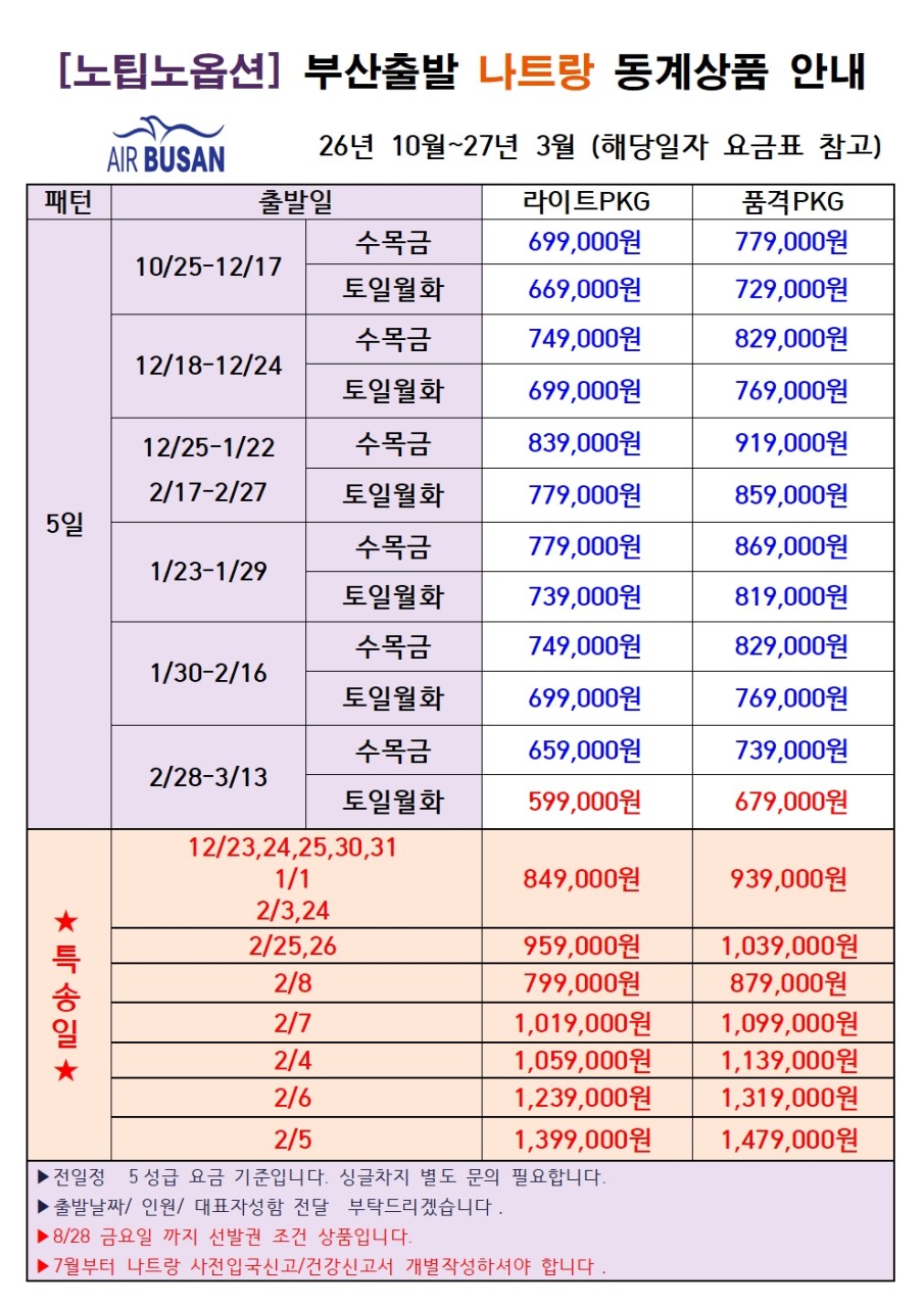 나트랑 달랏 동계요금 라이트vs품격 노팁노옵션