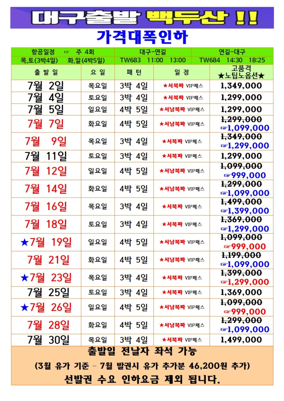 백두산 특가 남파 북파 서파 완전정복 노팁노옵션