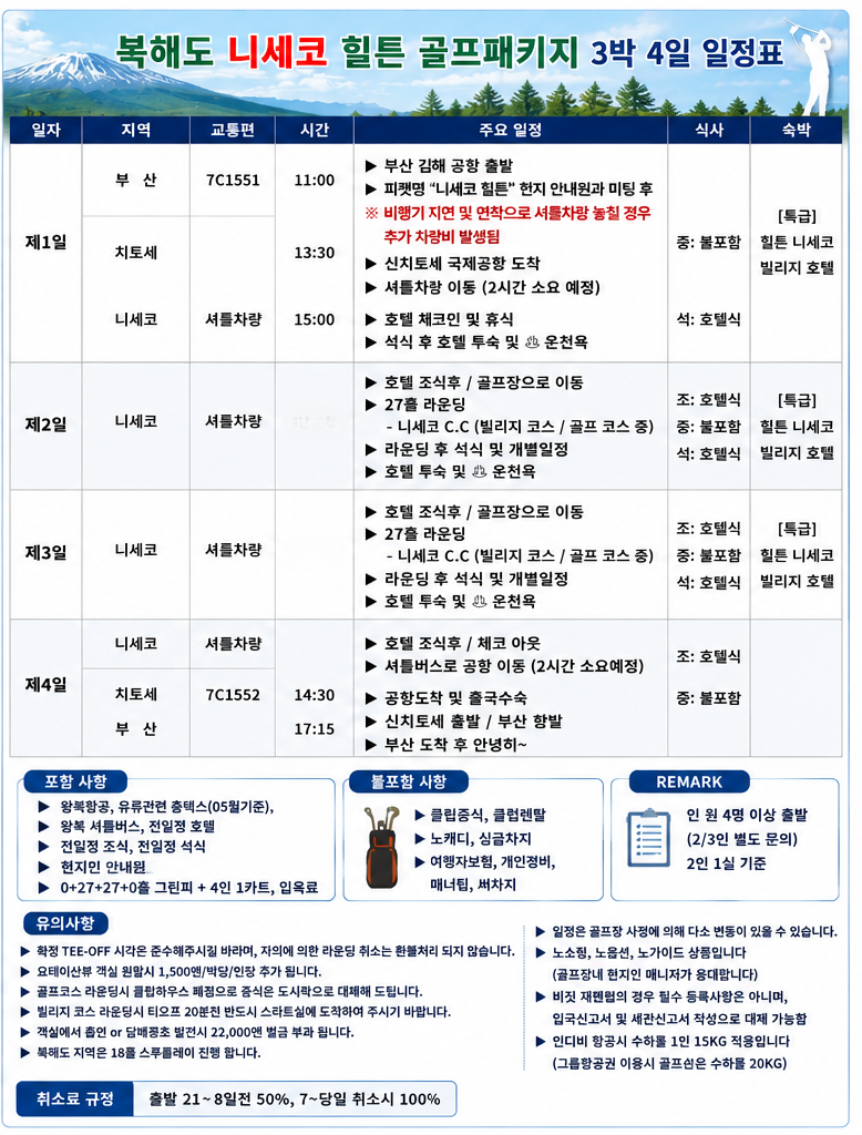 북해도골프 여름골프의성지 니세코CC 힐튼리조트 ALL포함